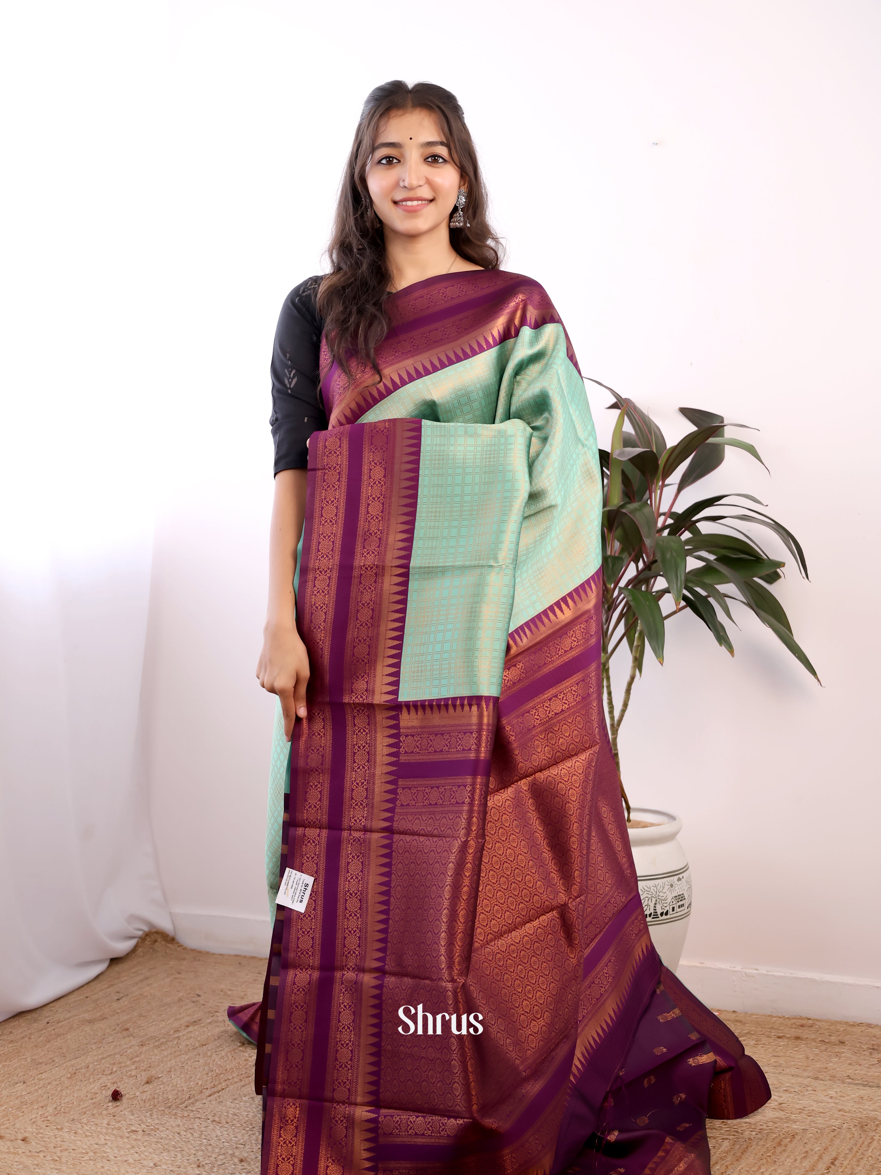 Pista Green & Purple - Semi Arani Silk Saree - Shop on ShrusEternity.com
