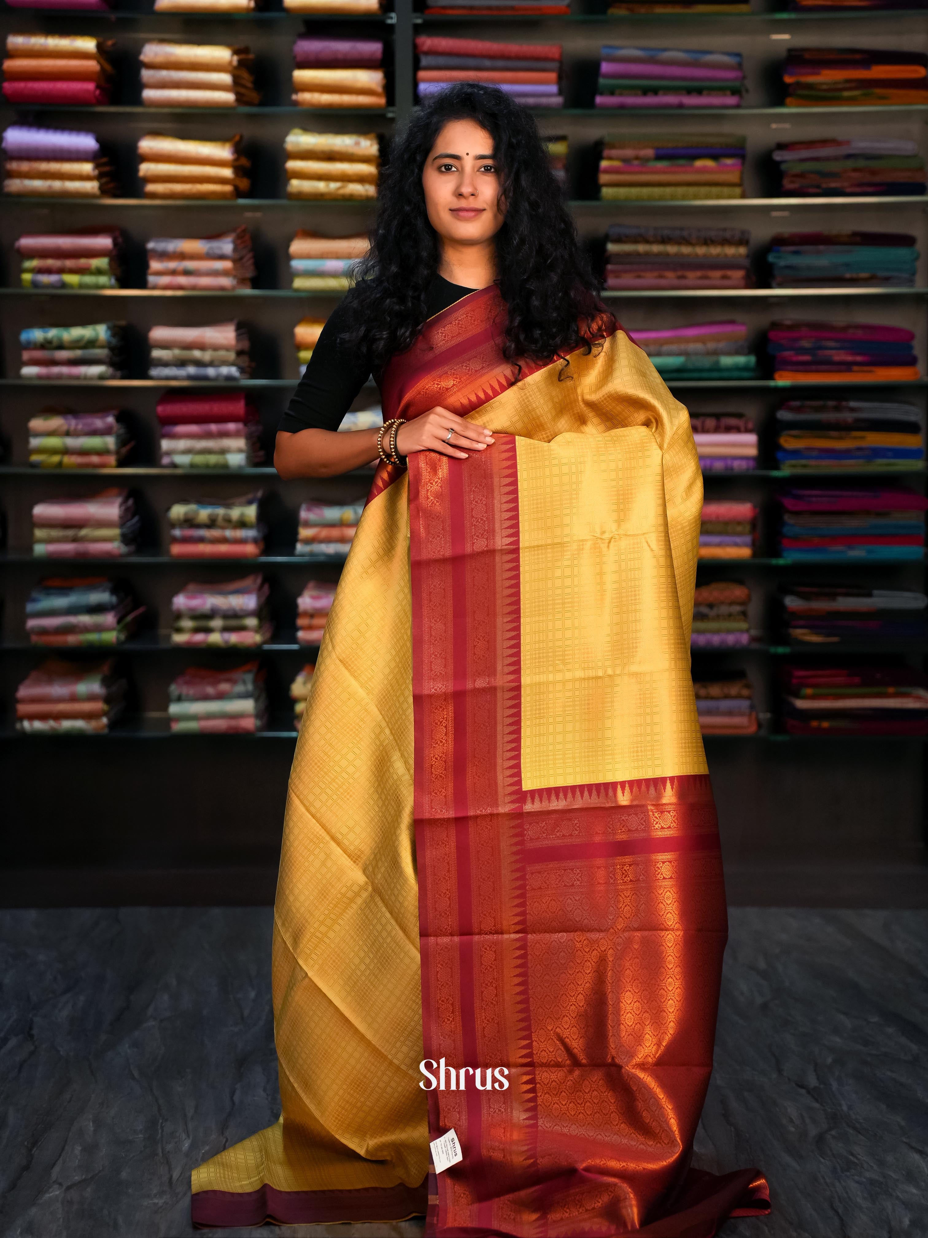 Beige & Maroon- Semi Arani Silk Saree - Shop on ShrusEternity.com