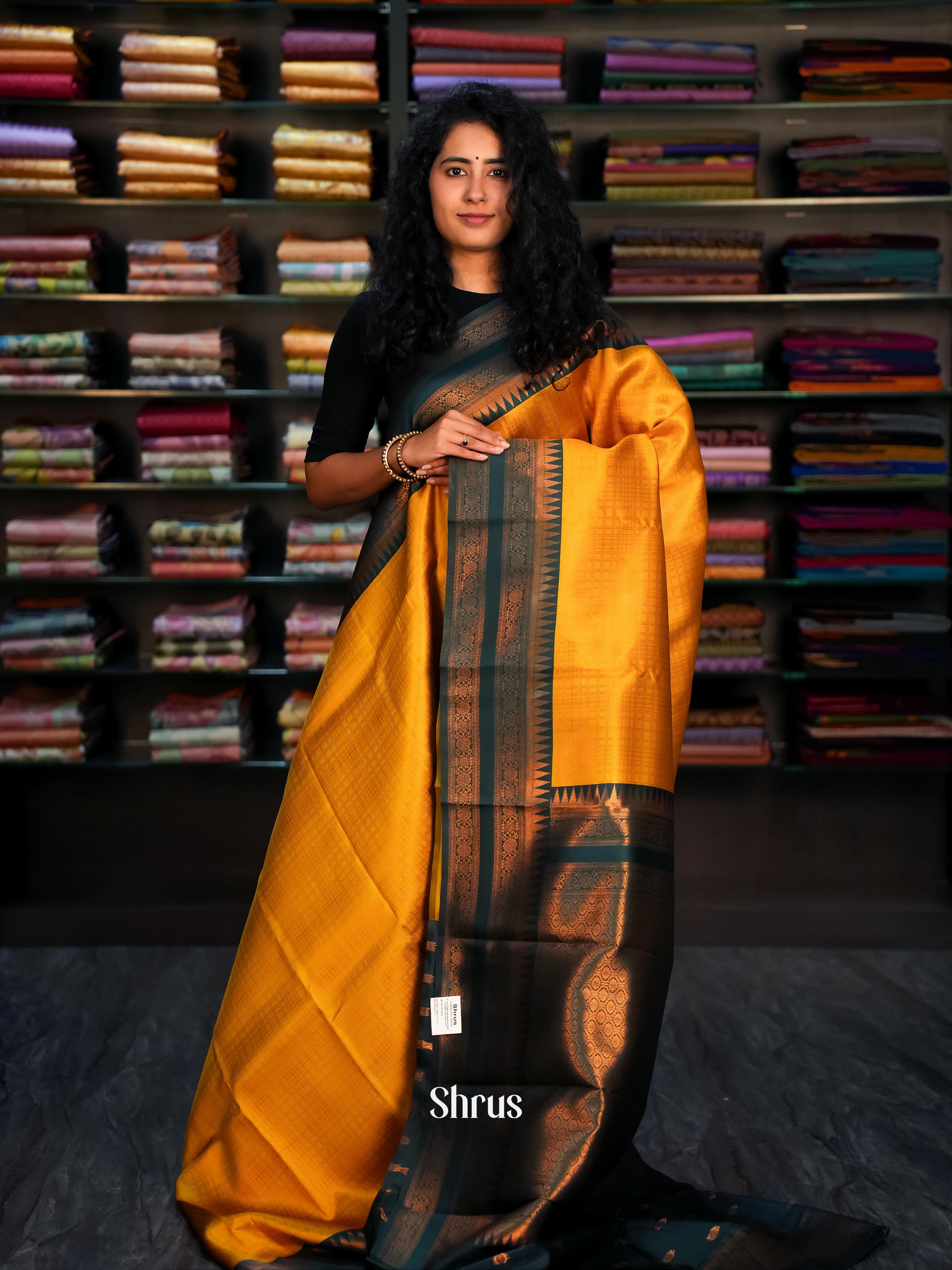 Mustard & green- Semi Arani Silk Saree - Shop on ShrusEternity.com