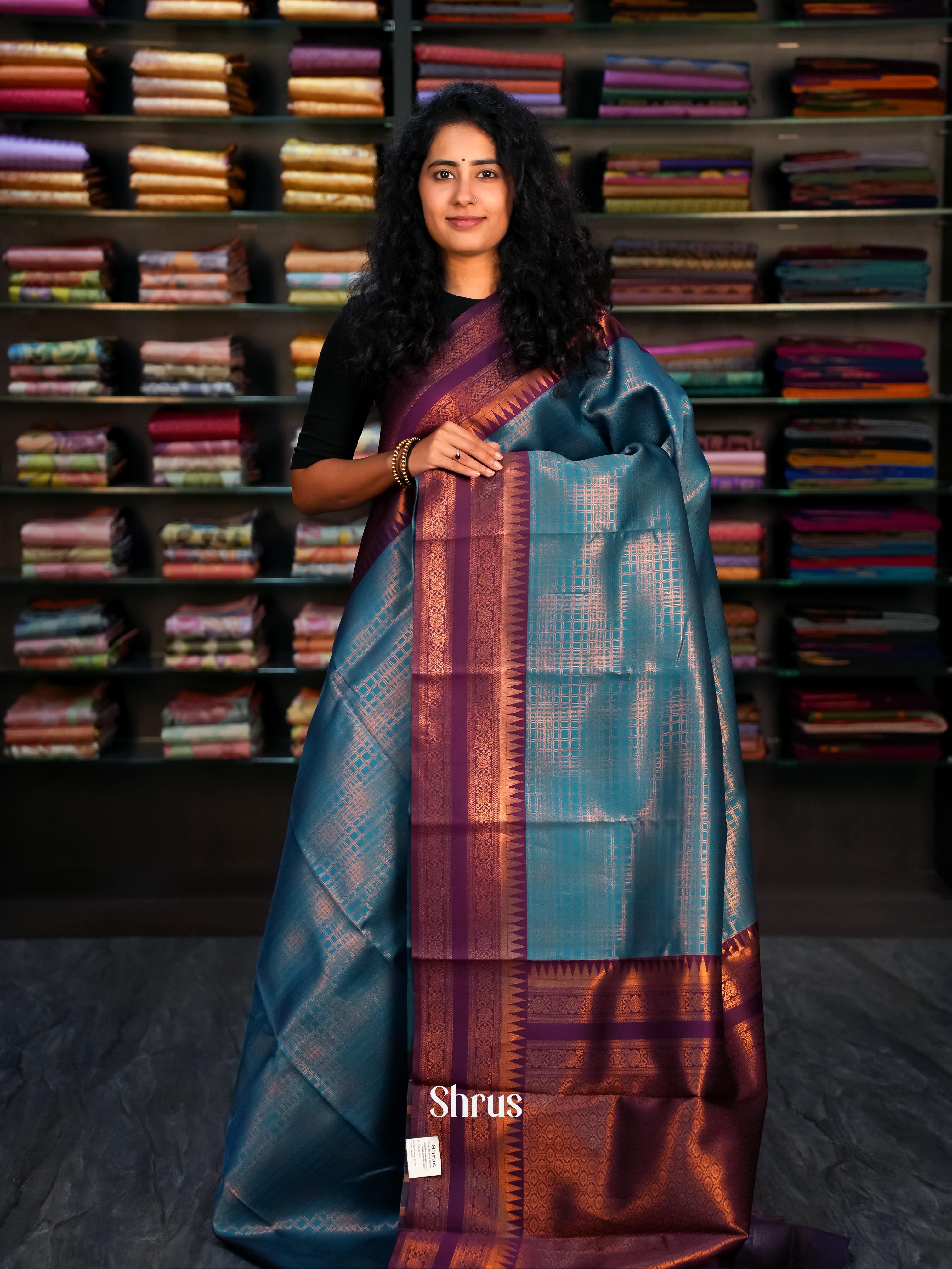 teal & Purple- Semi Arani Silk Saree - Shop on ShrusEternity.com