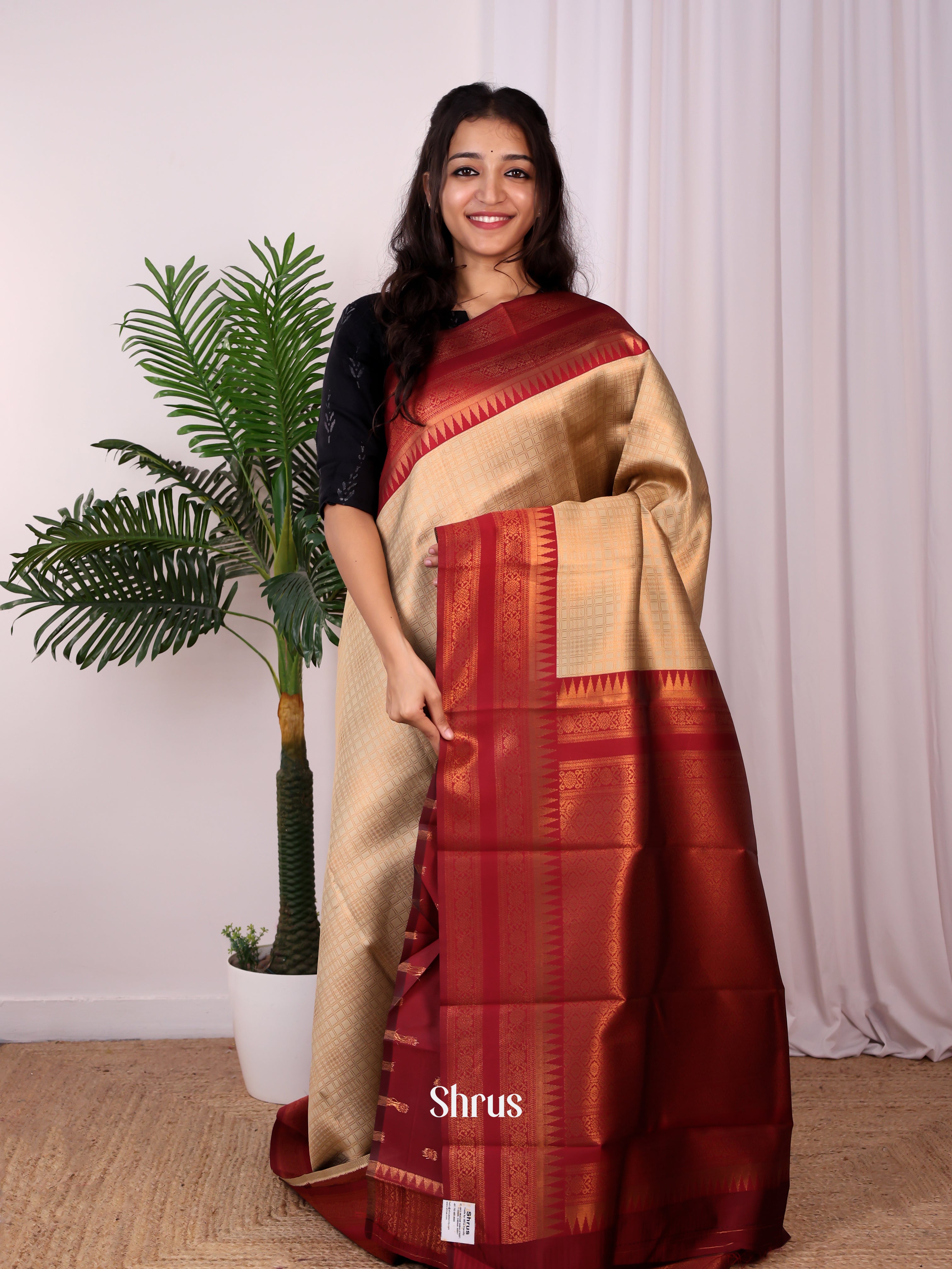 Beige & Maroon - Semi Arani Silk Saree - Shop on ShrusEternity.com