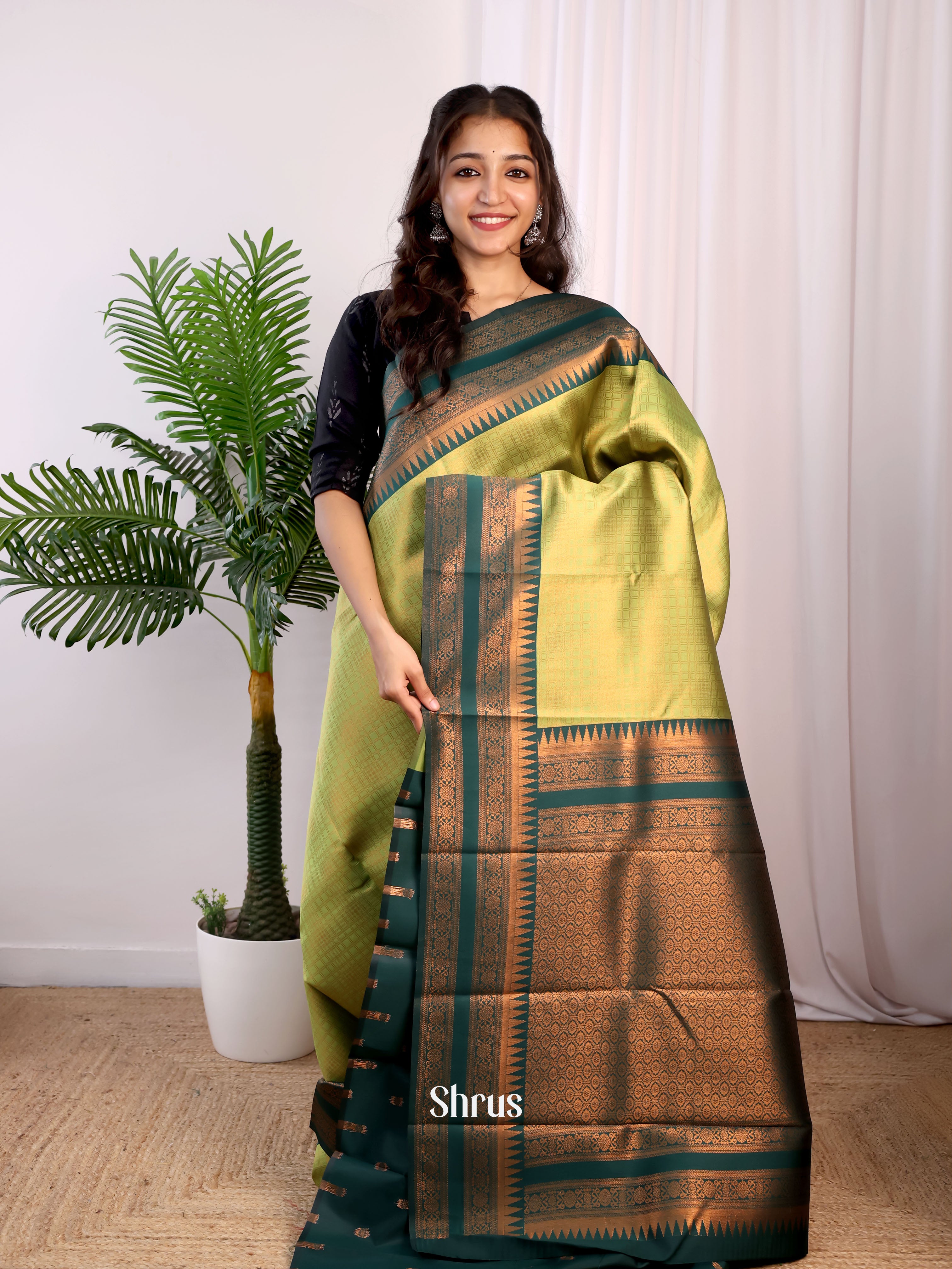 Light Green & Green - Semi Arani Silk Saree - Shop on ShrusEternity.com