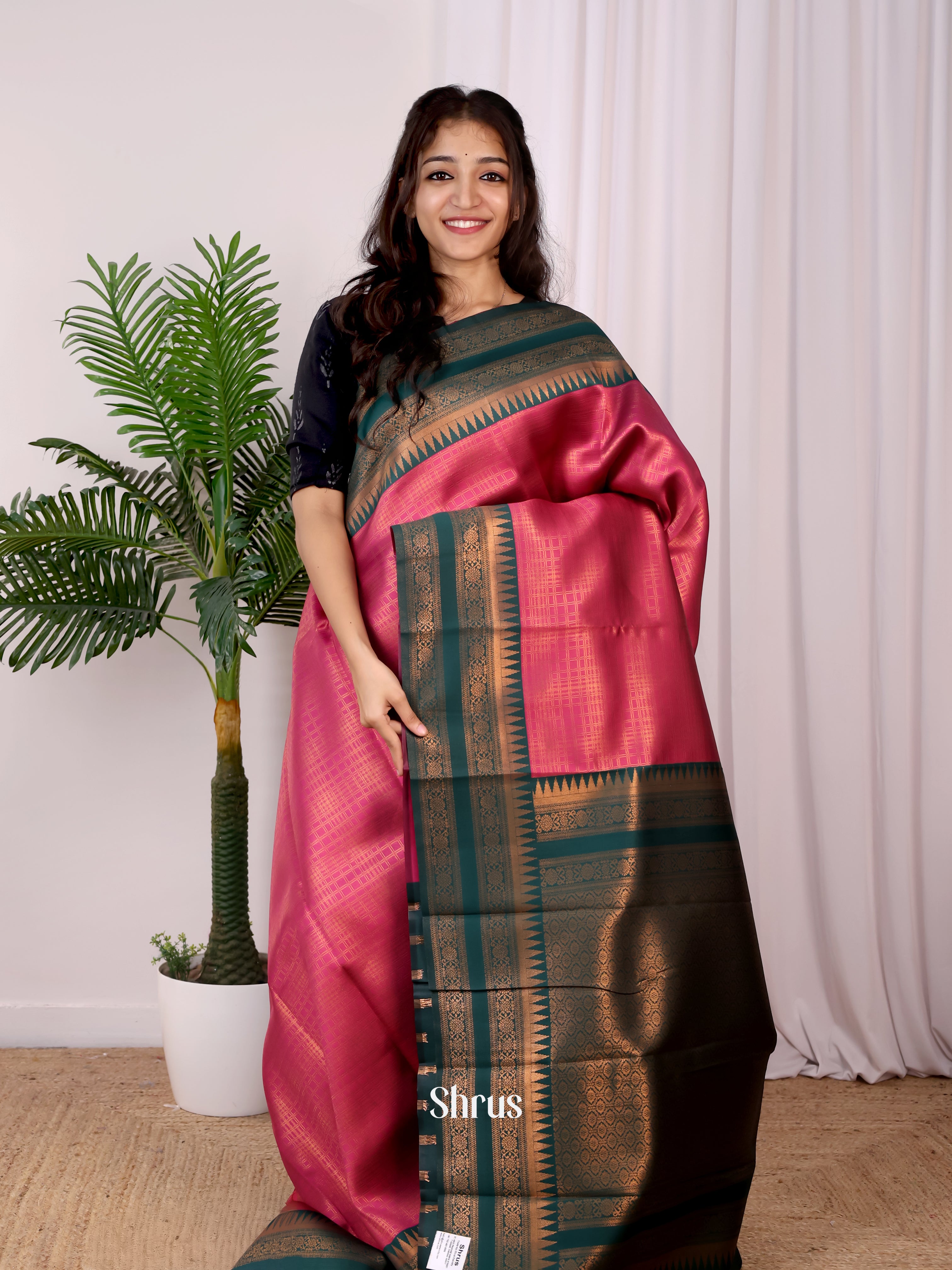Pink & Green- Semi Arani Silk Saree - Shop on ShrusEternity.com