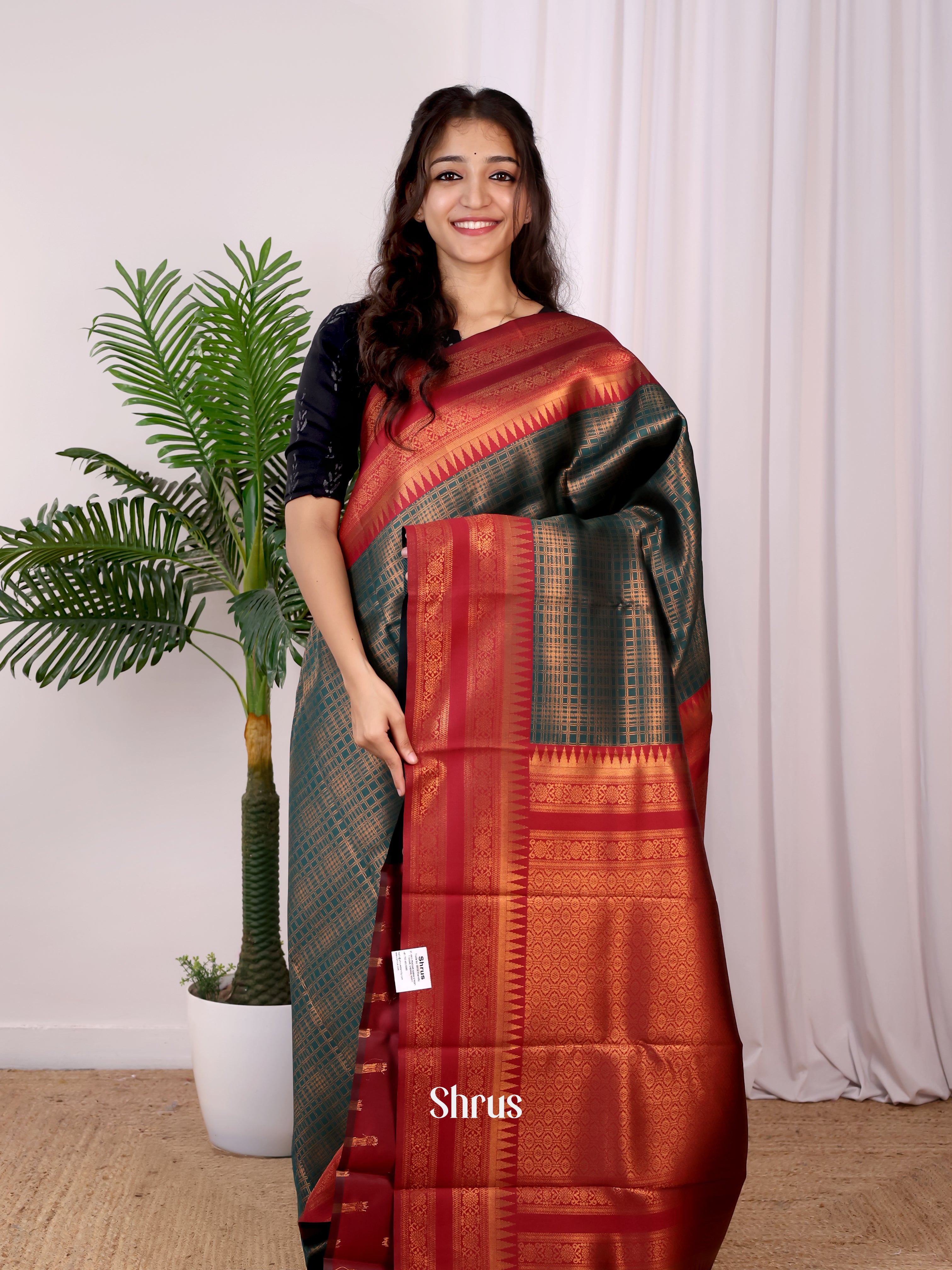 Green & Maroon - Semi Arani Silk Saree - Shop on ShrusEternity.com