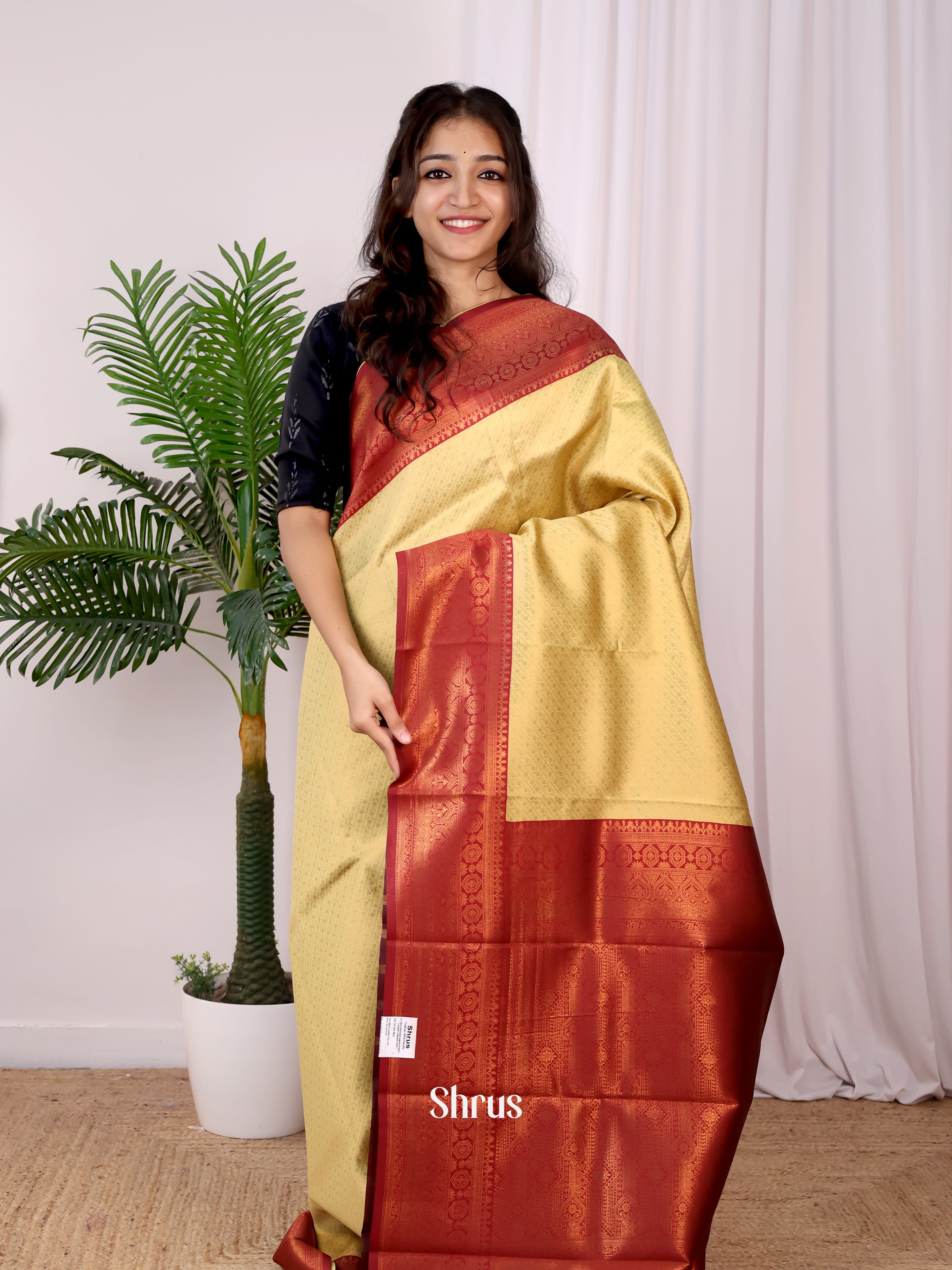 Pale Yellow & Maroon - Semi Arani Silk Saree - Shop on ShrusEternity.com