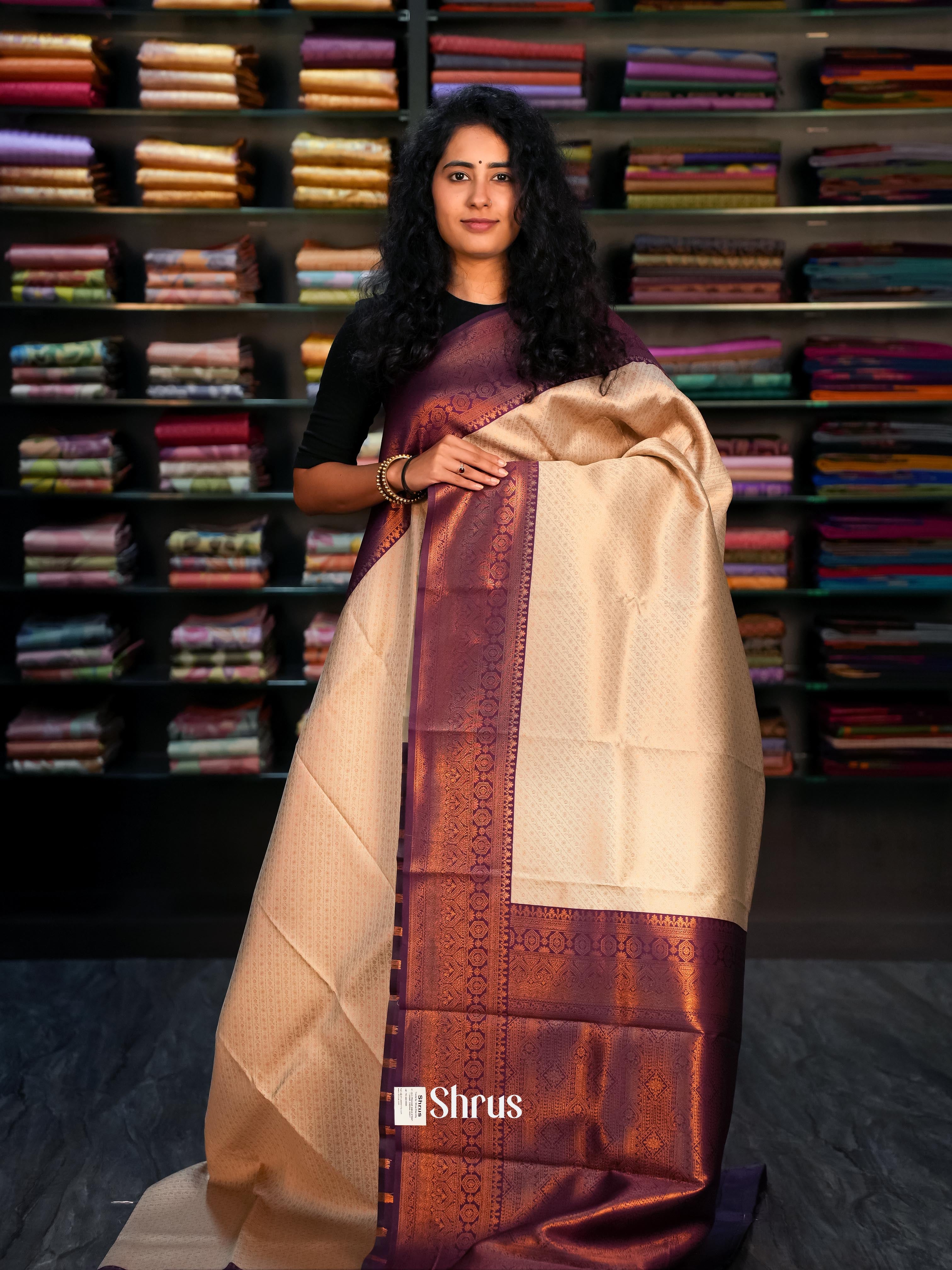 Cream & Purple- Semi Arani Silk Saree - Shop on ShrusEternity.com