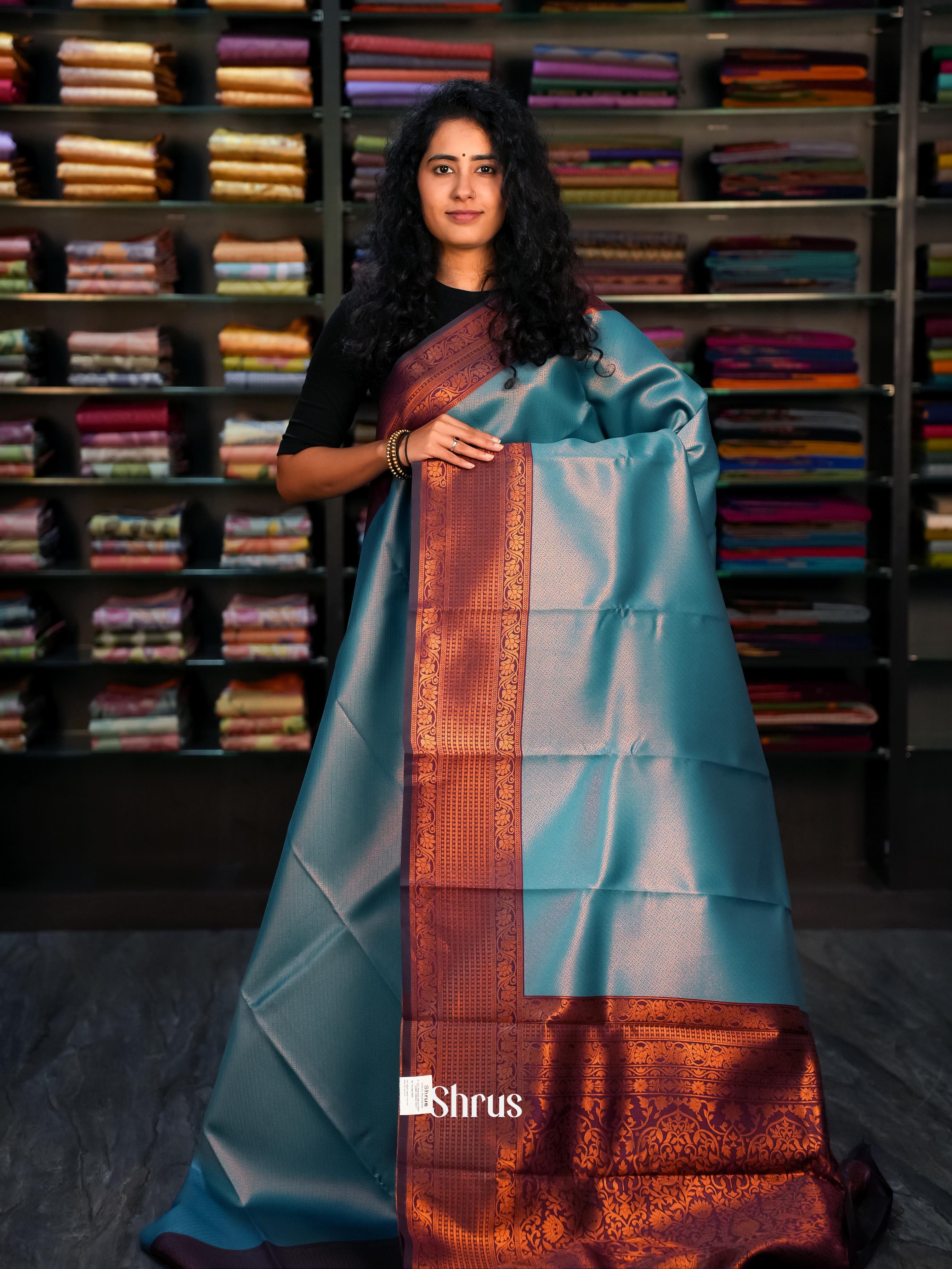 Blue & Maroon - Semi Arani Silk Saree - Shop on ShrusEternity.com