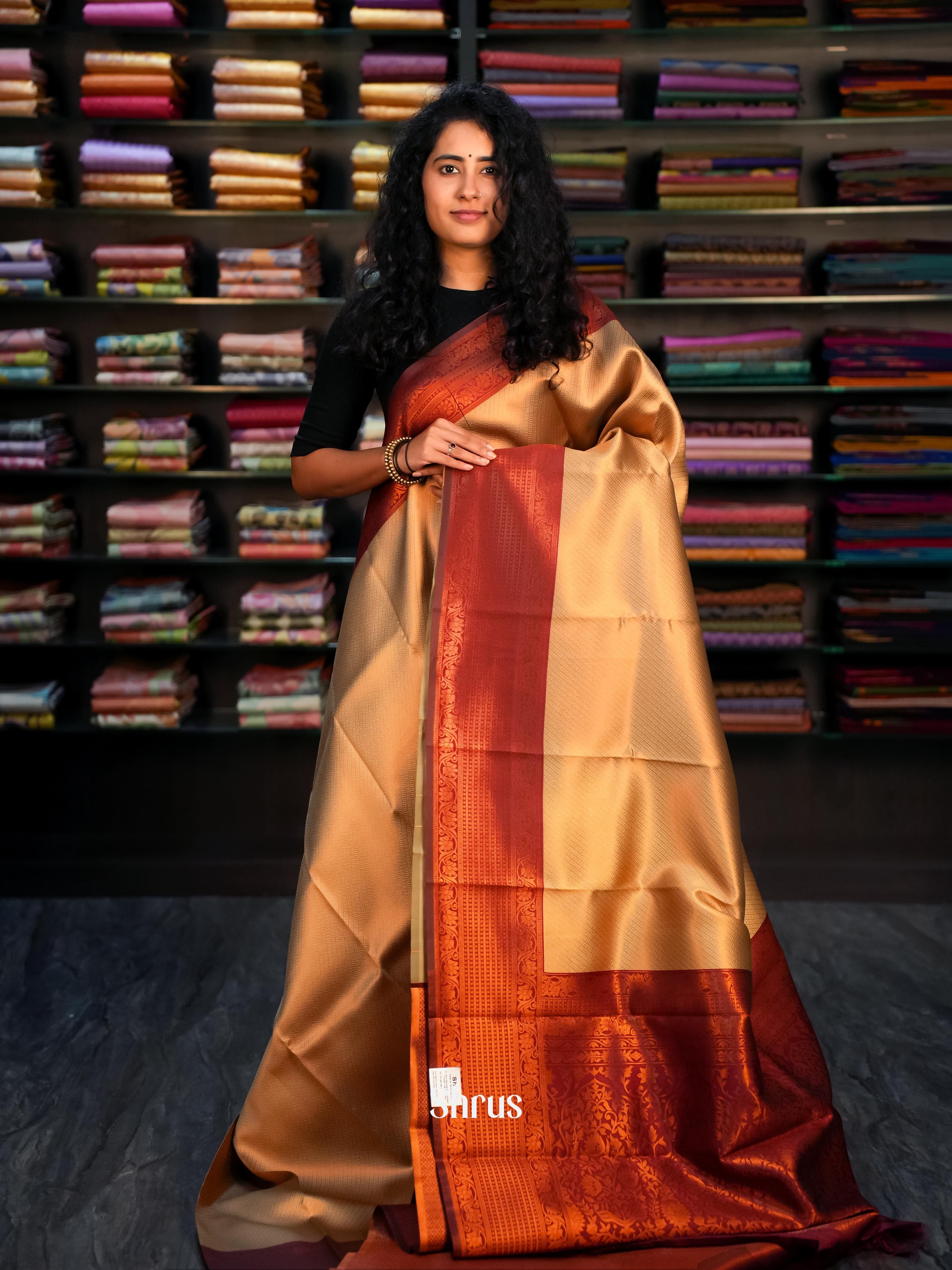Beige & Maroon- Semi Arani Silk Saree - Shop on ShrusEternity.com