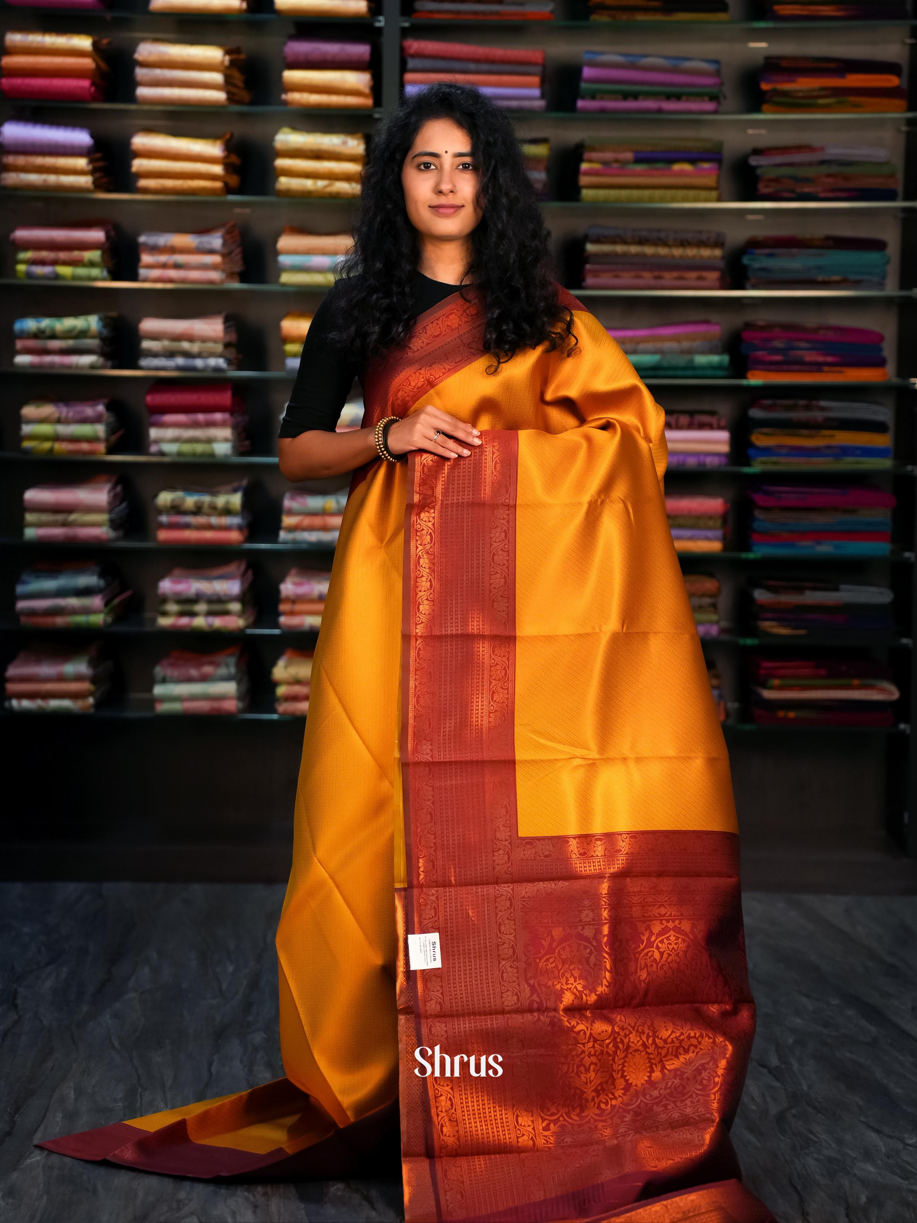 Mustard & Maroon- Semi Arani Silk Saree - Shop on ShrusEternity.com
