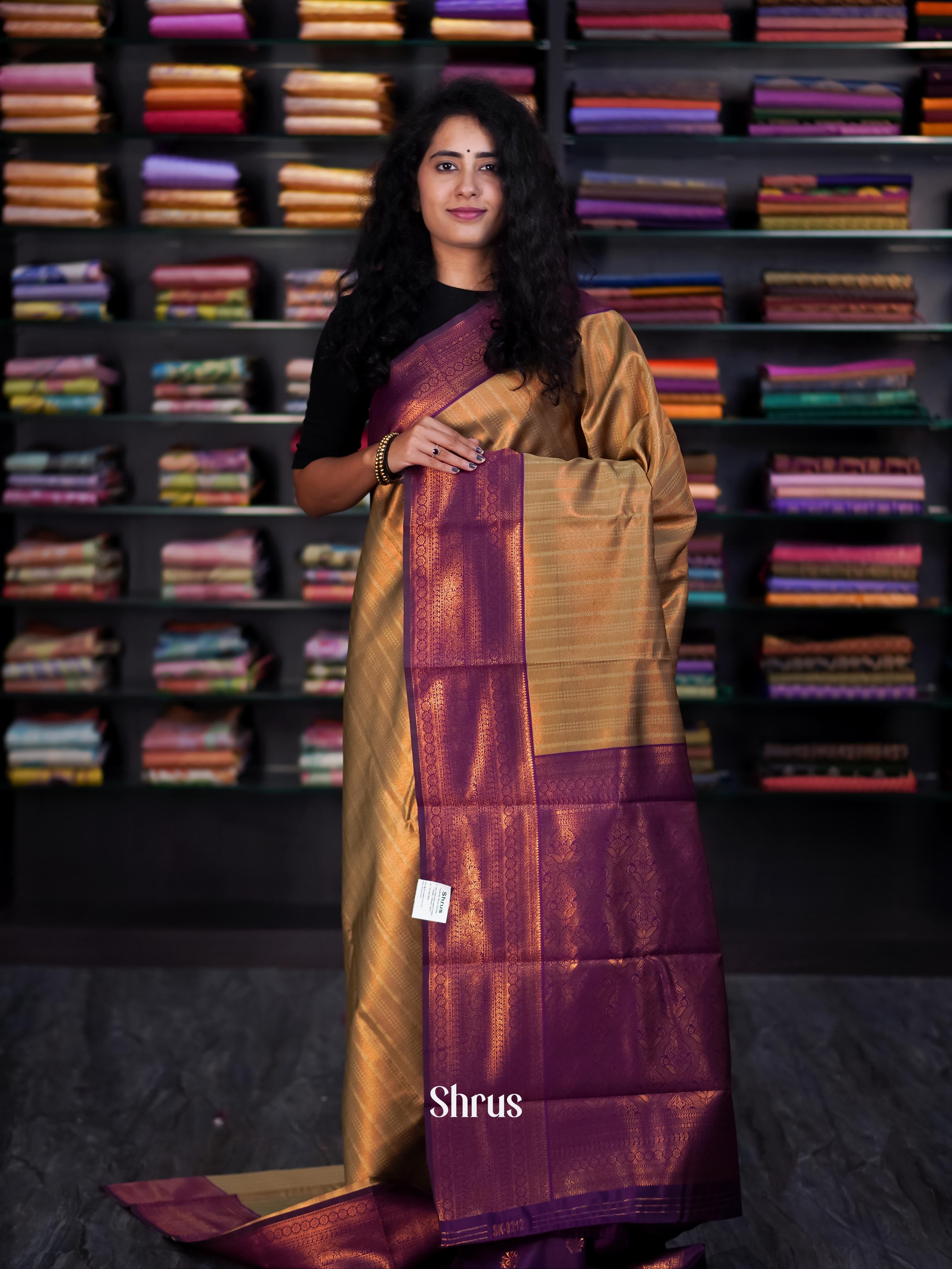 Beige & Purple - Semi Arani Silk Saree - Shop on ShrusEternity.com