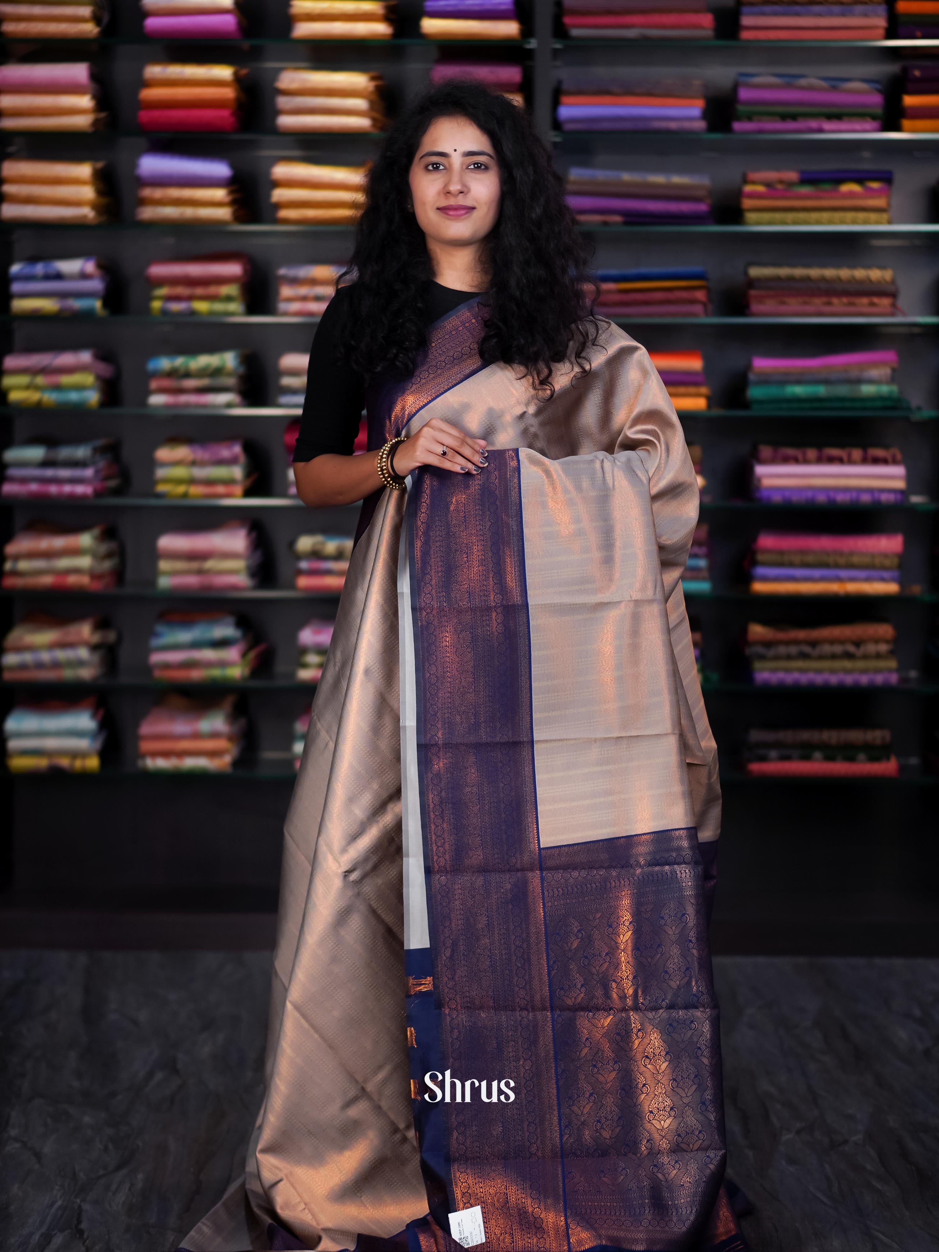 Grey & Blue - Semi Arani Silk Saree - Shop on ShrusEternity.com