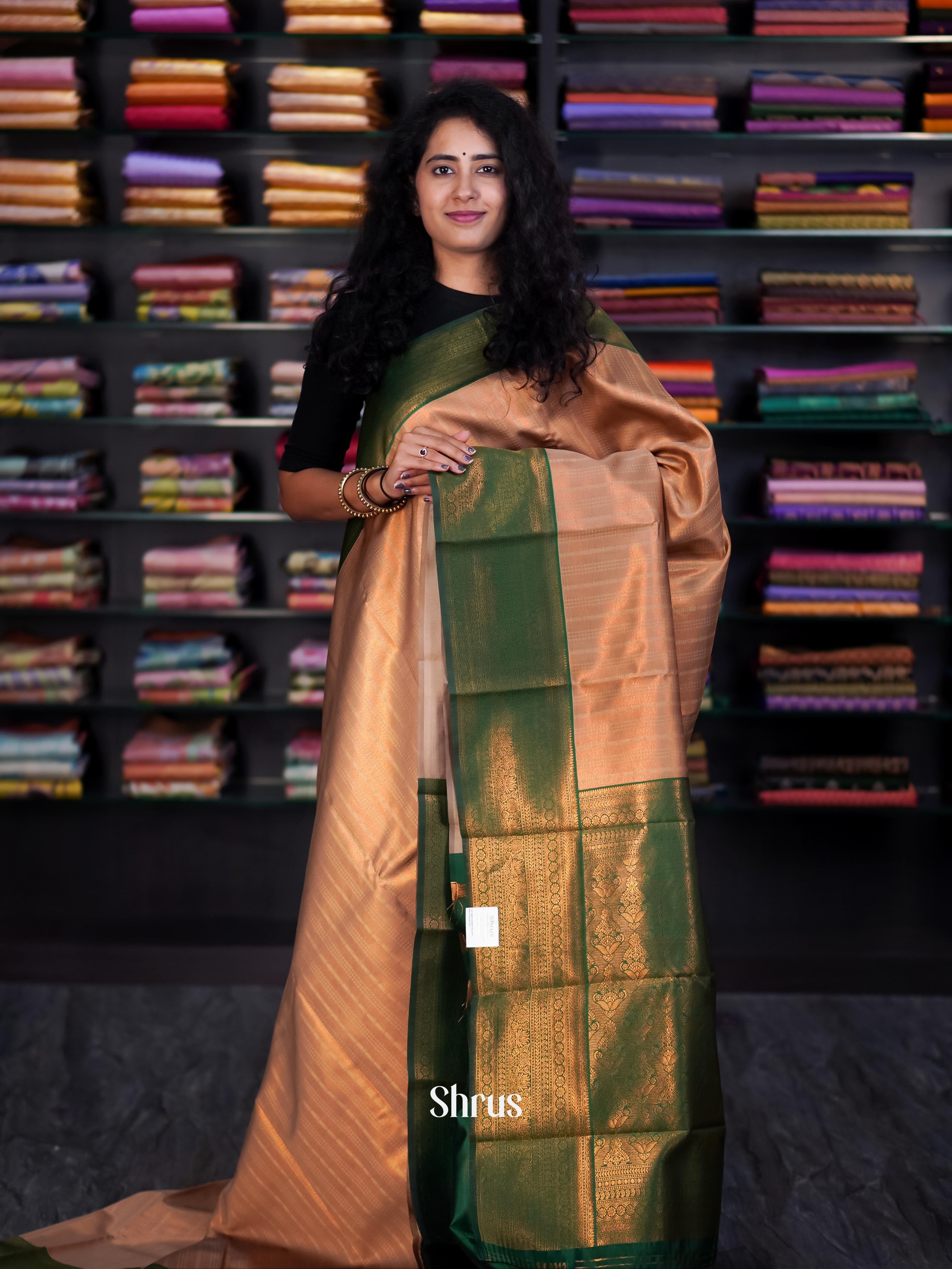 Beige & Green- Semi Arani Silk Saree - Shop on ShrusEternity.com