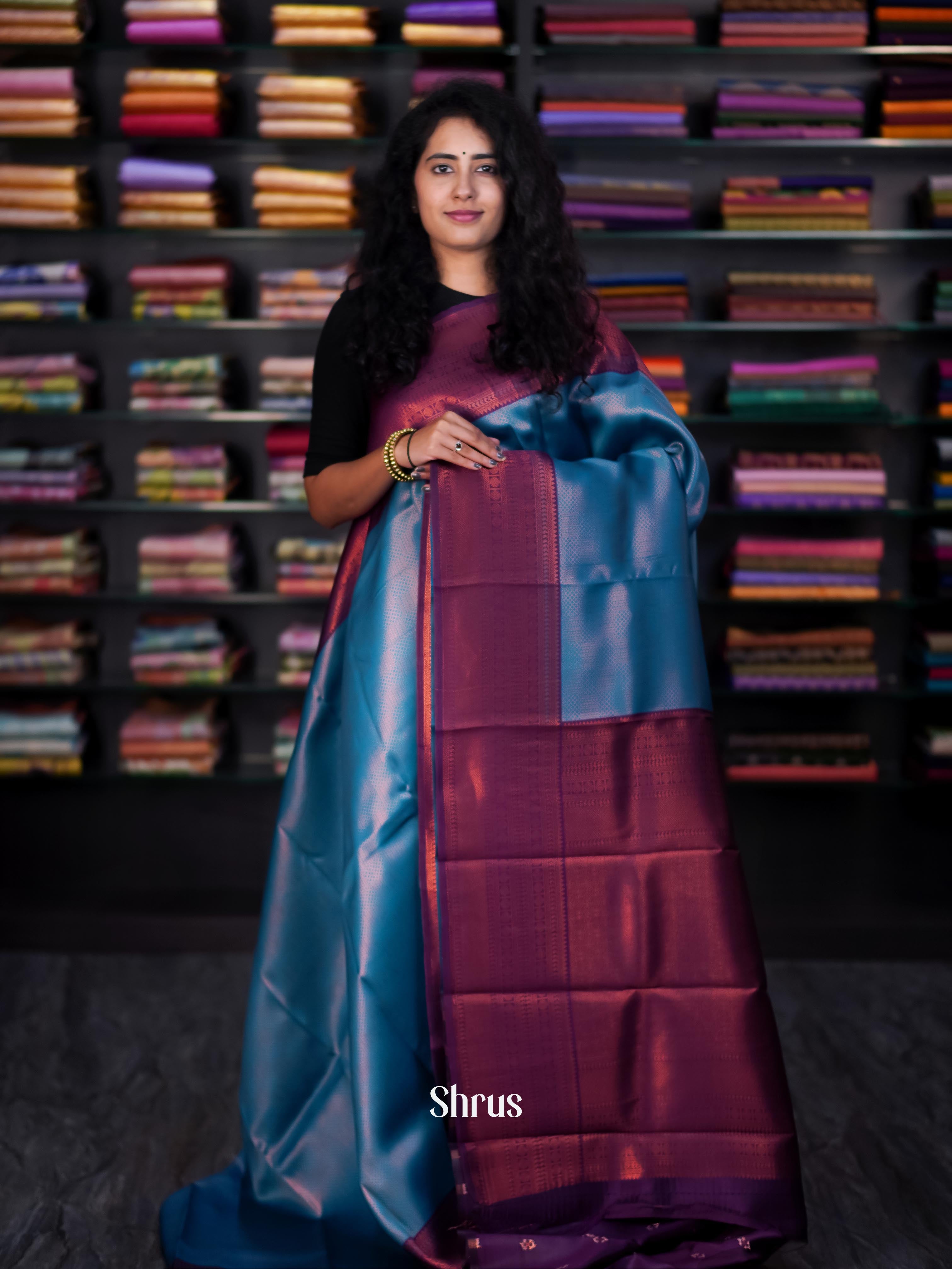Blue & Purple - Semi Arani Silk Saree - Shop on ShrusEternity.com