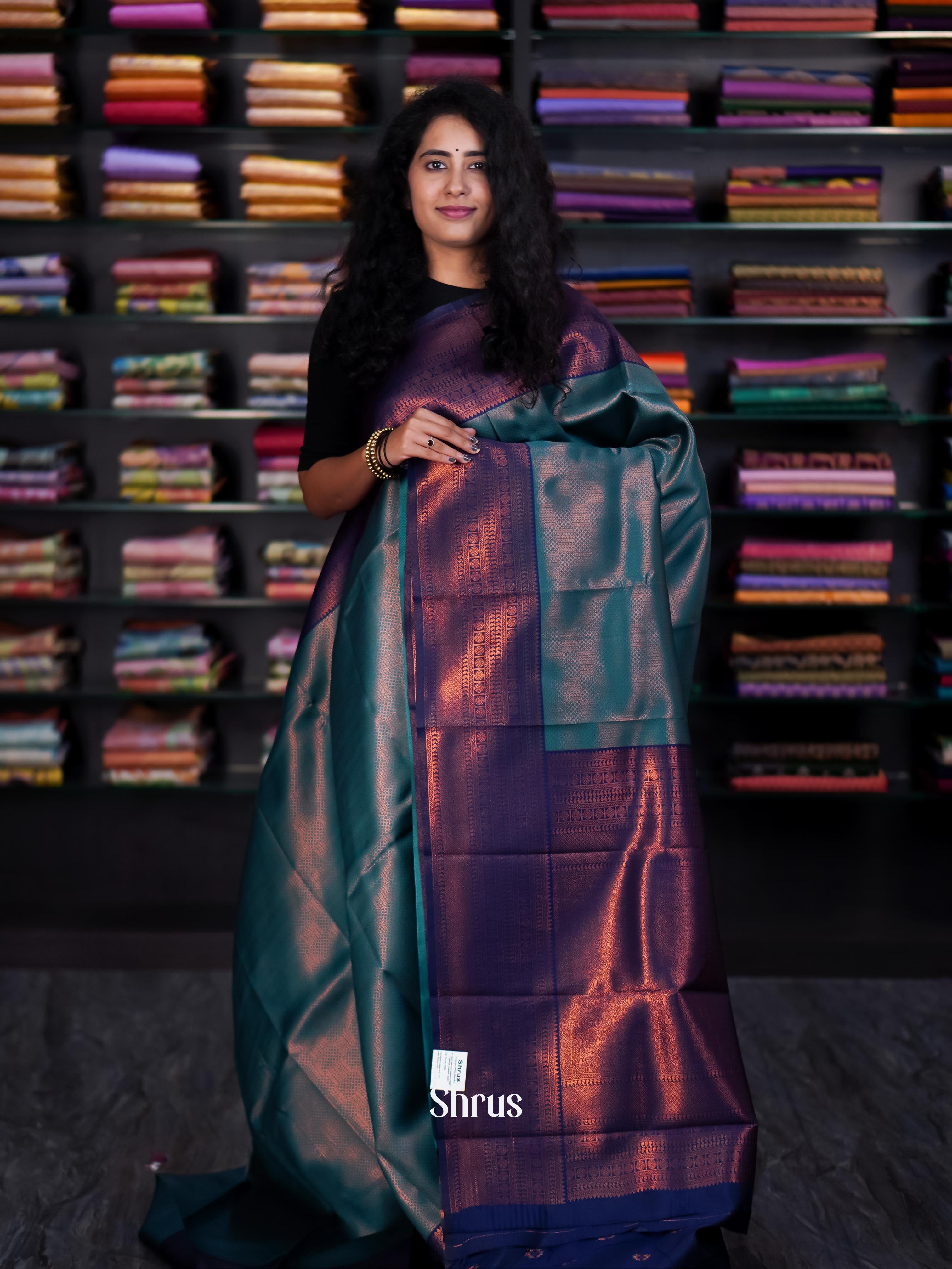 Teal & Blue - Semi Arani Silk Saree - Shop on ShrusEternity.com