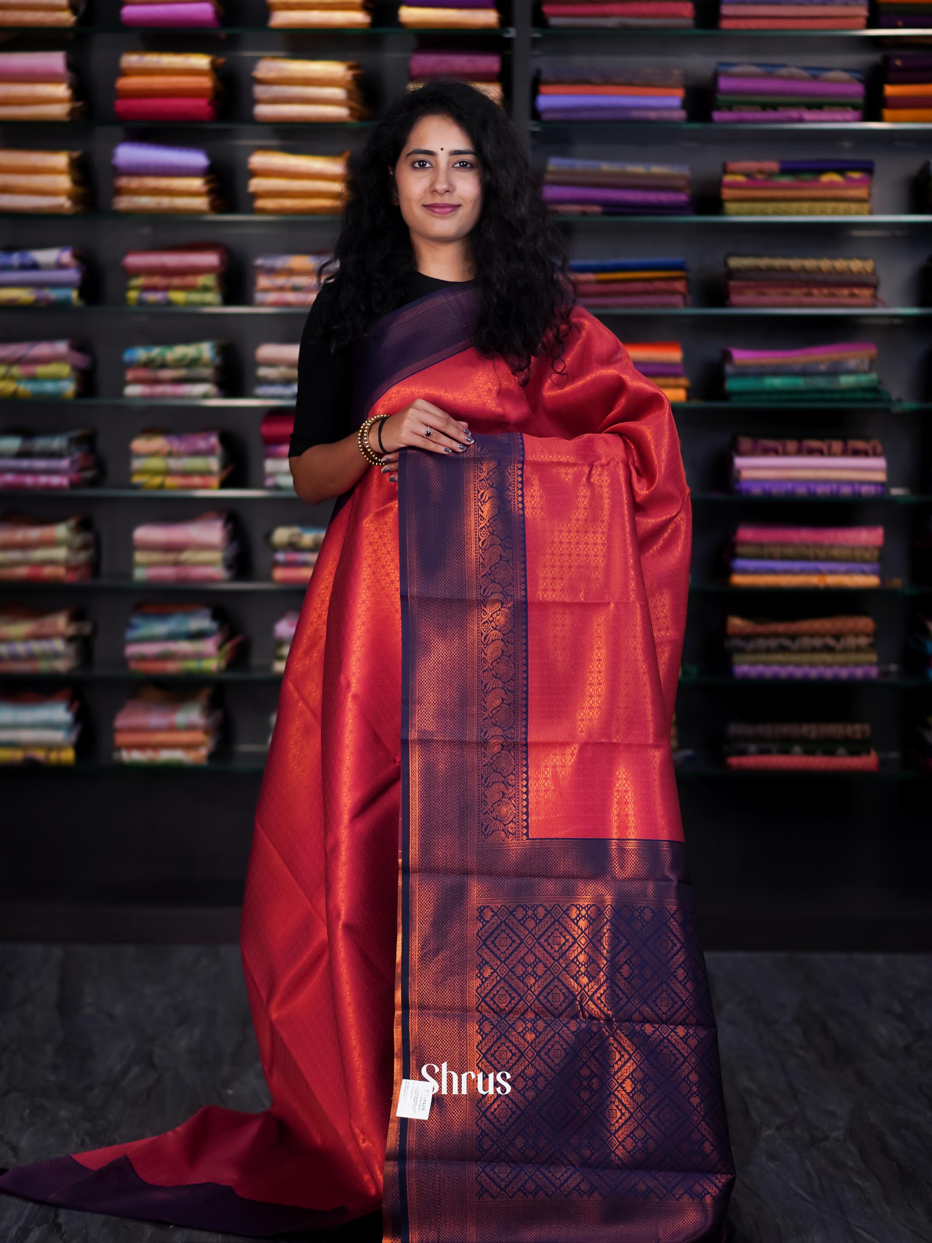 Maroon & Blue- Semi Arani Silk Saree - Shop on ShrusEternity.com