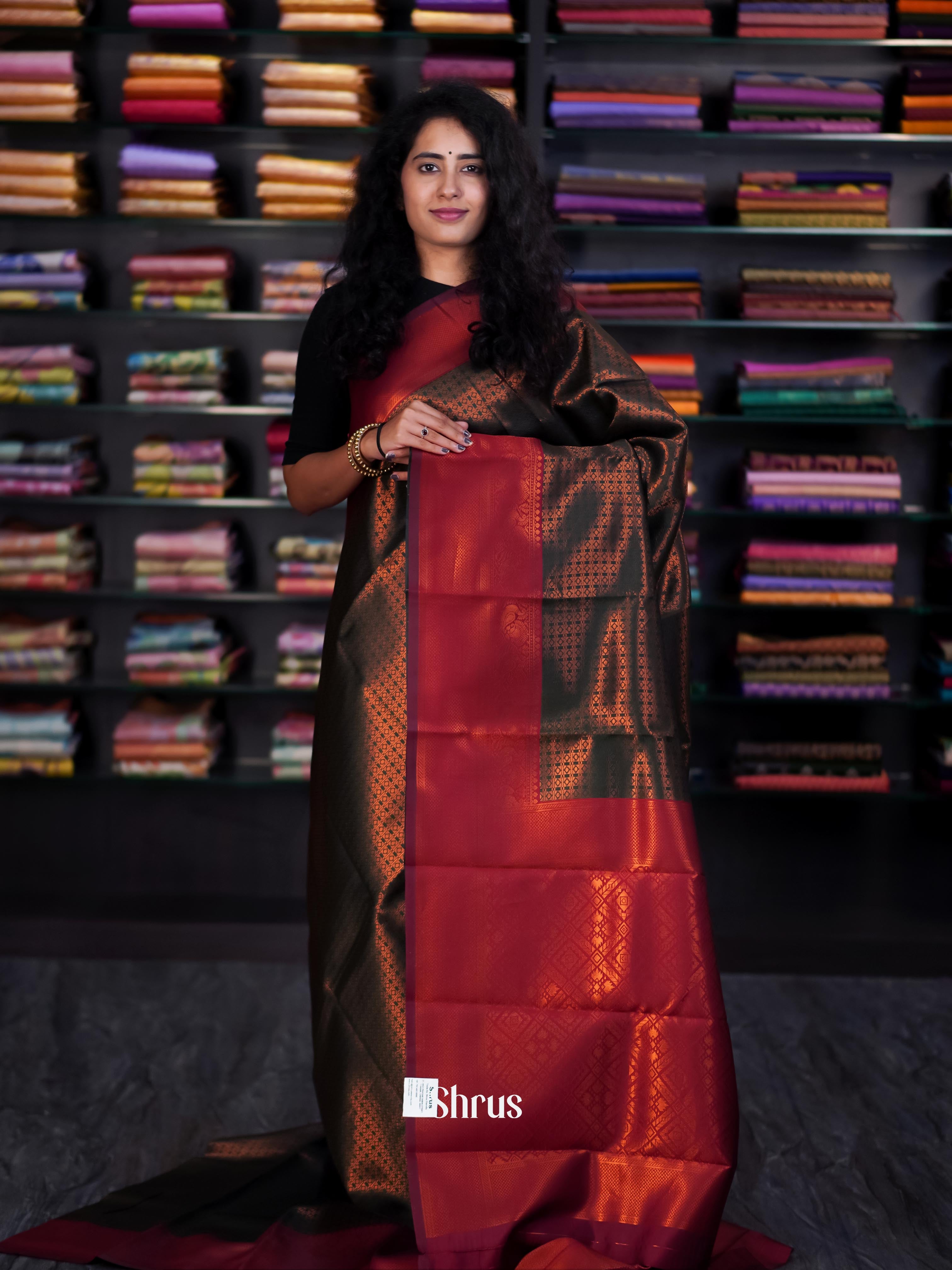 Dark Green & Maroon - Semi Arani Silk Saree - Shop on ShrusEternity.com