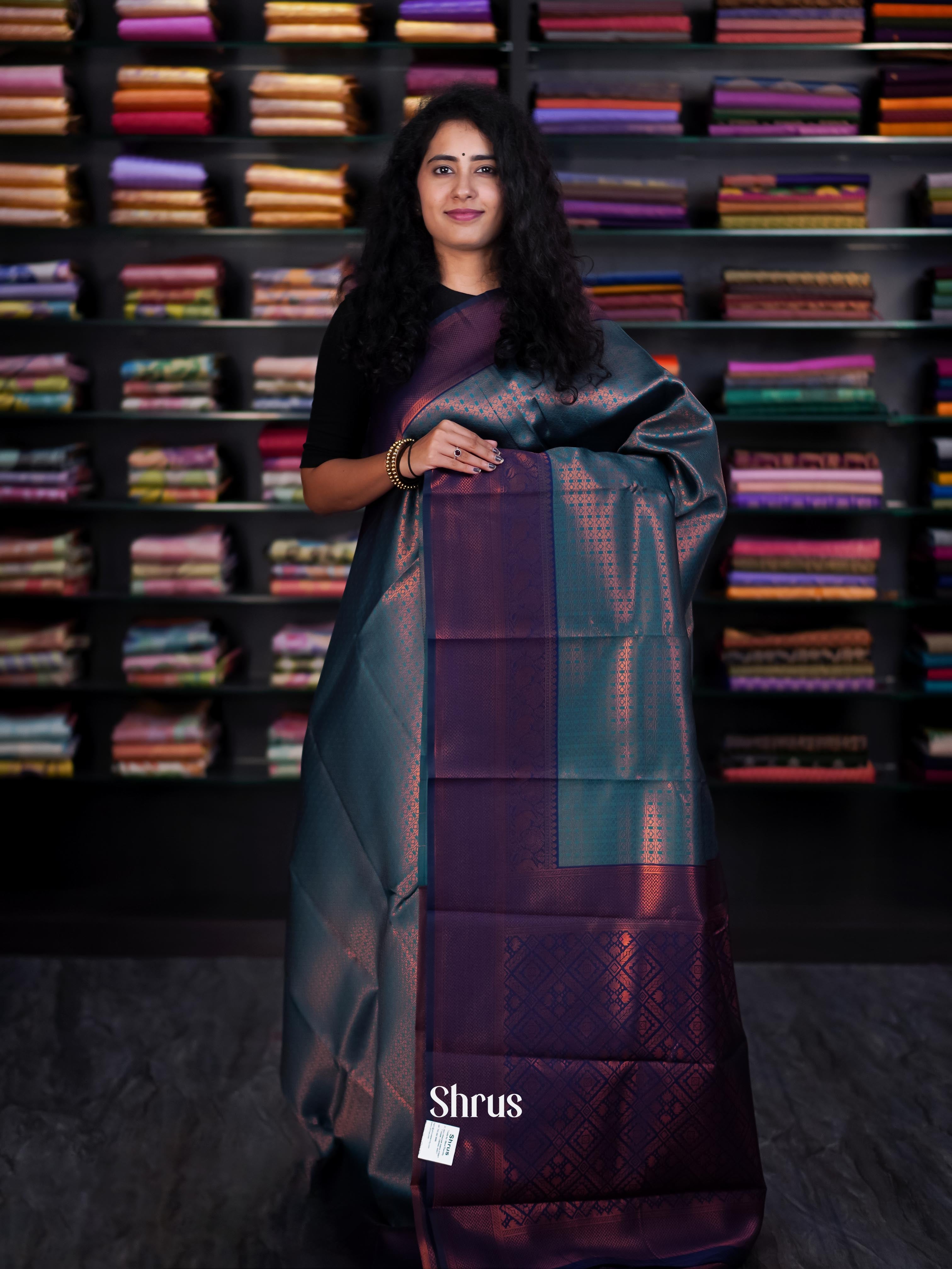 Teal & Blue - Semi Arani Silk Saree - Shop on ShrusEternity.com