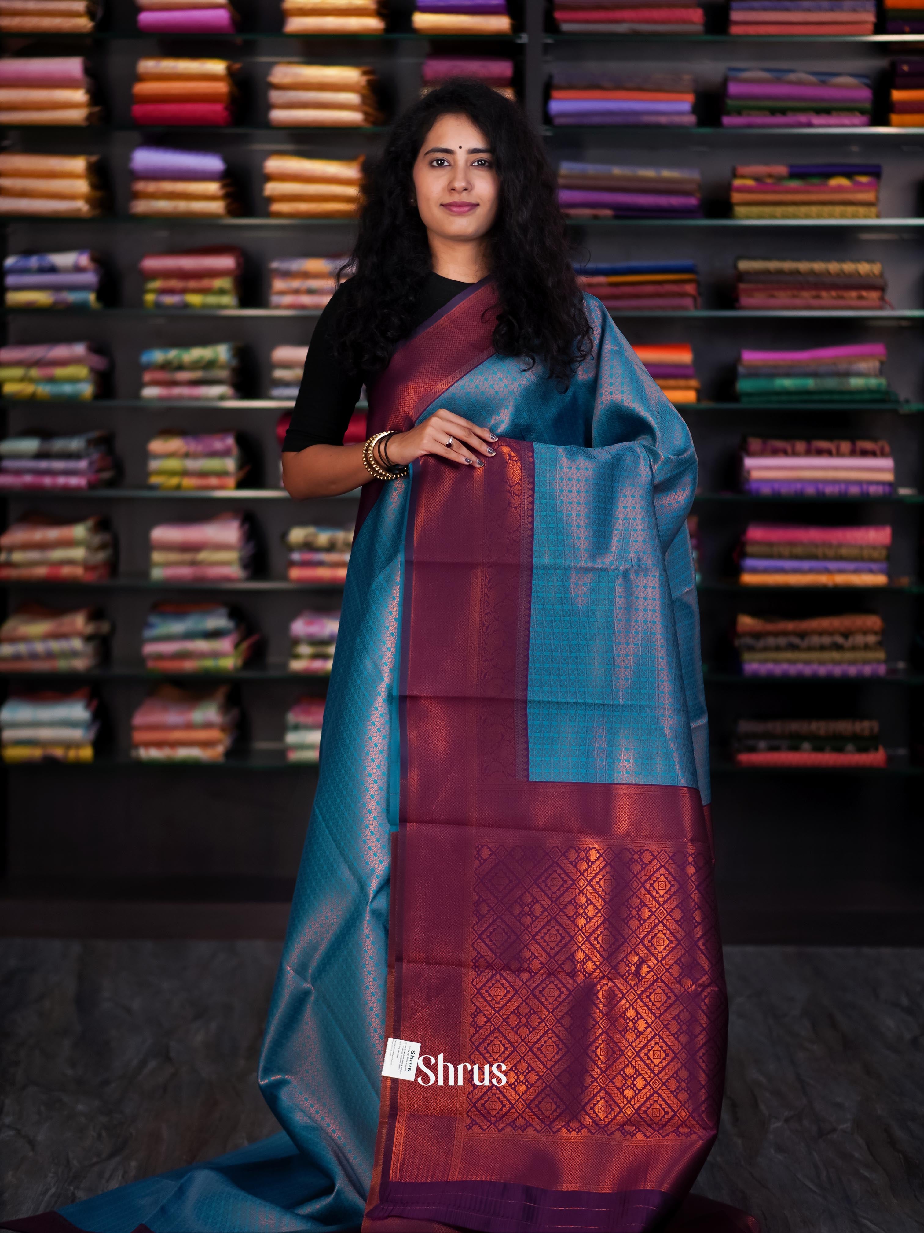 Blue & Maroon - Semi Arani Silk Saree - Shop on ShrusEternity.com