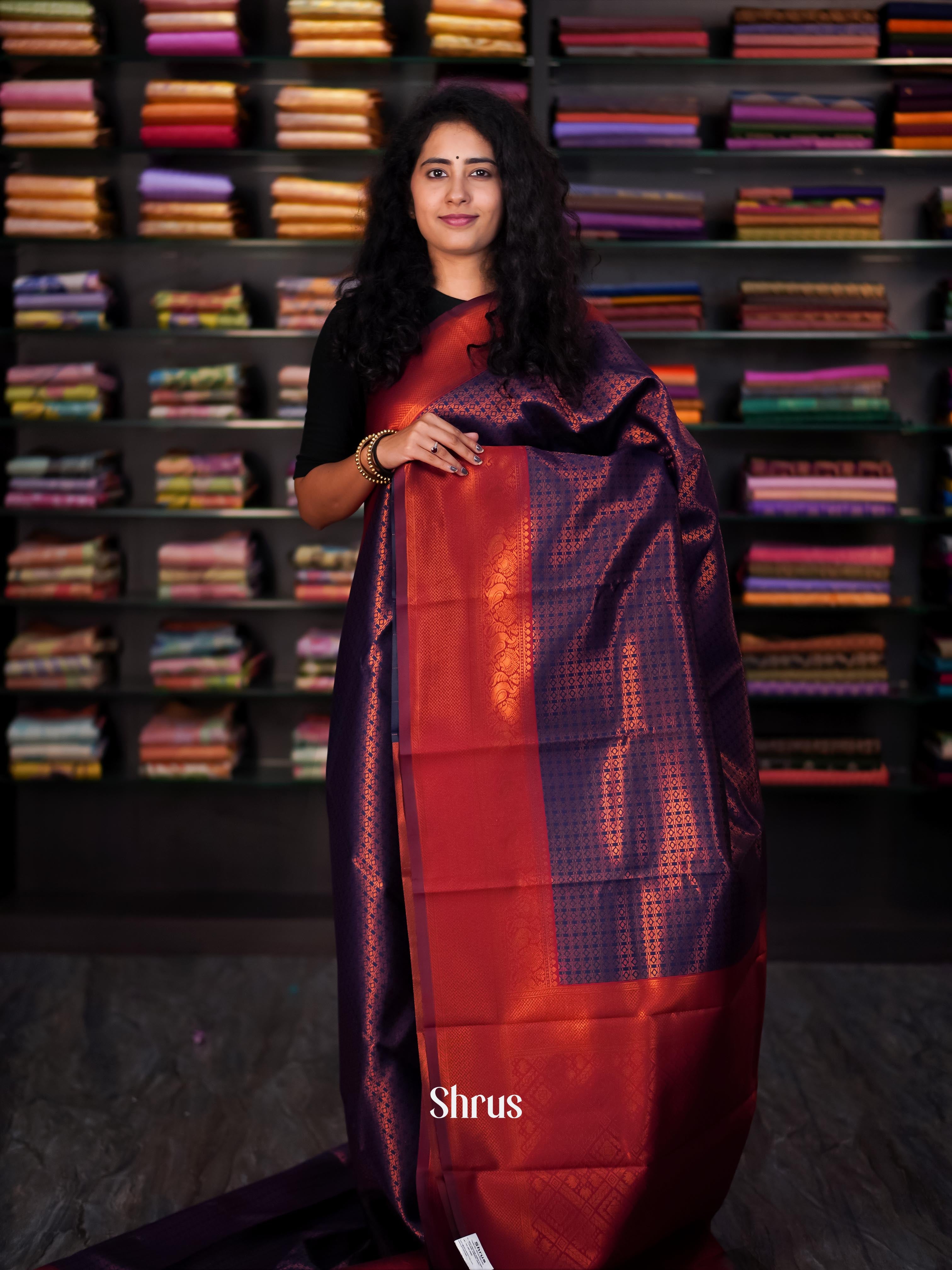 Blue & maroon - Semi Arani Silk Saree - Shop on ShrusEternity.com