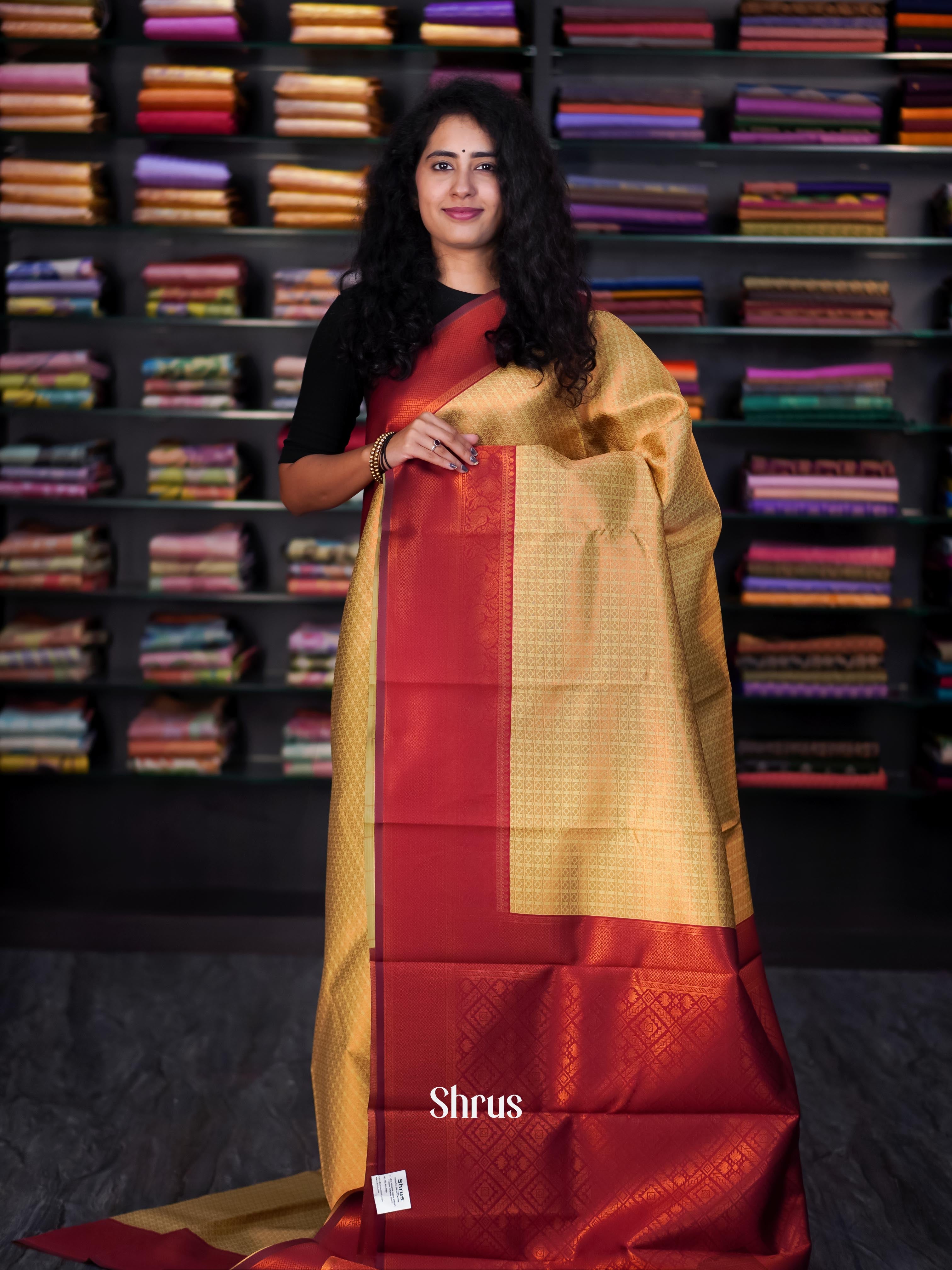 Beige & Maroon - Semi Arani Silk Saree - Shop on ShrusEternity.com