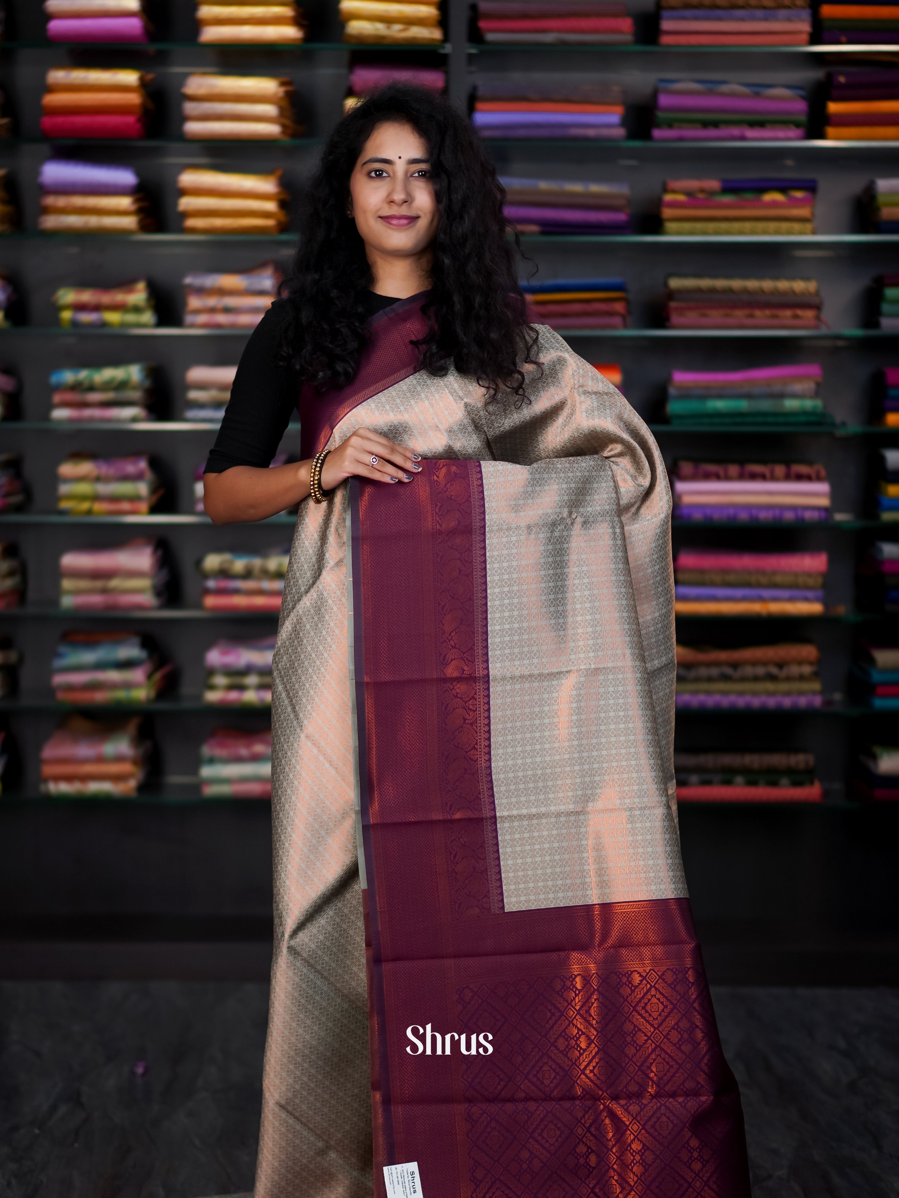 Grey & Maroon - Semi Arani Silk Saree - Shop on ShrusEternity.com