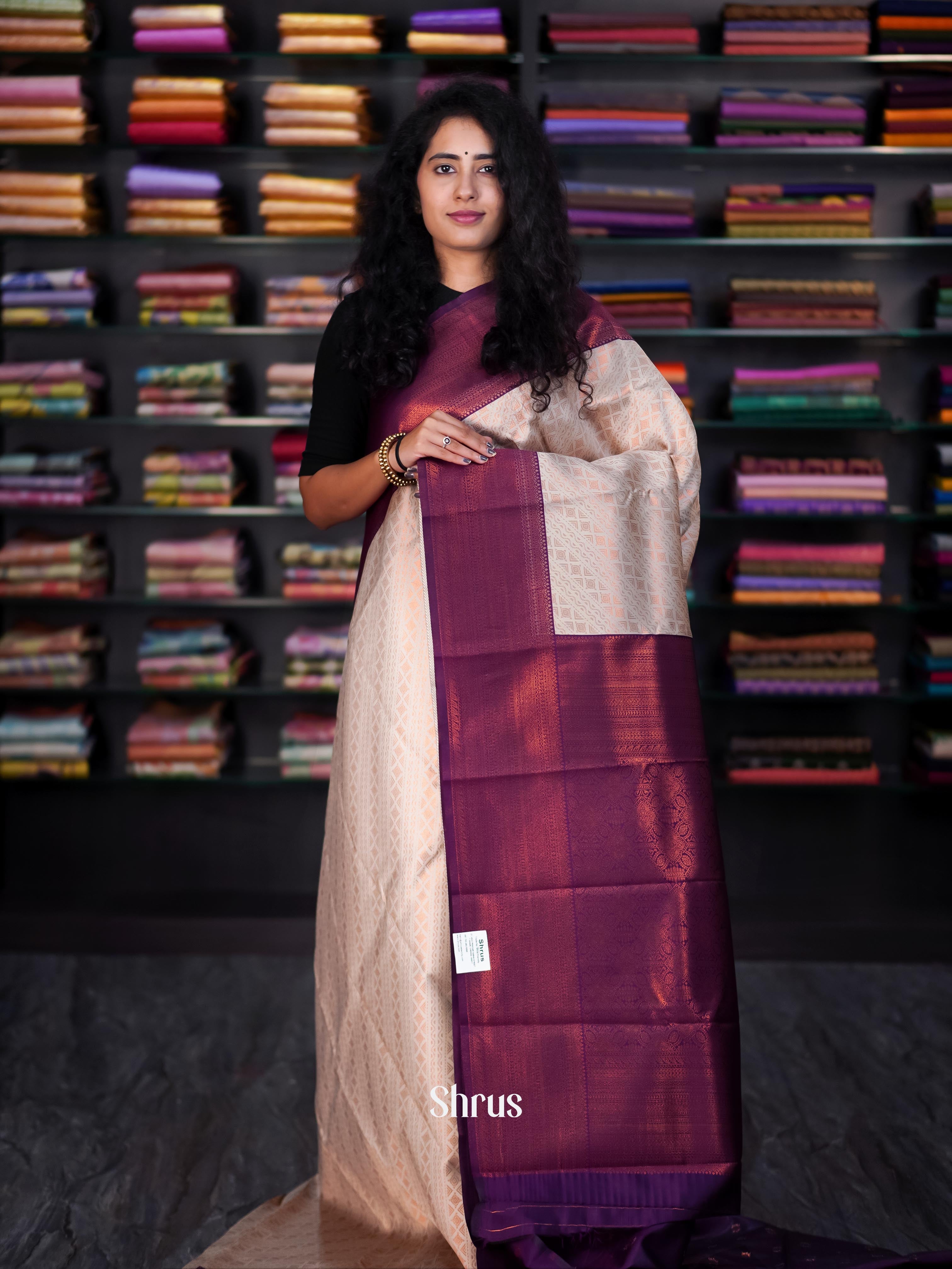 Cream & Purple- Semi Arani Silk Saree - Shop on ShrusEternity.com