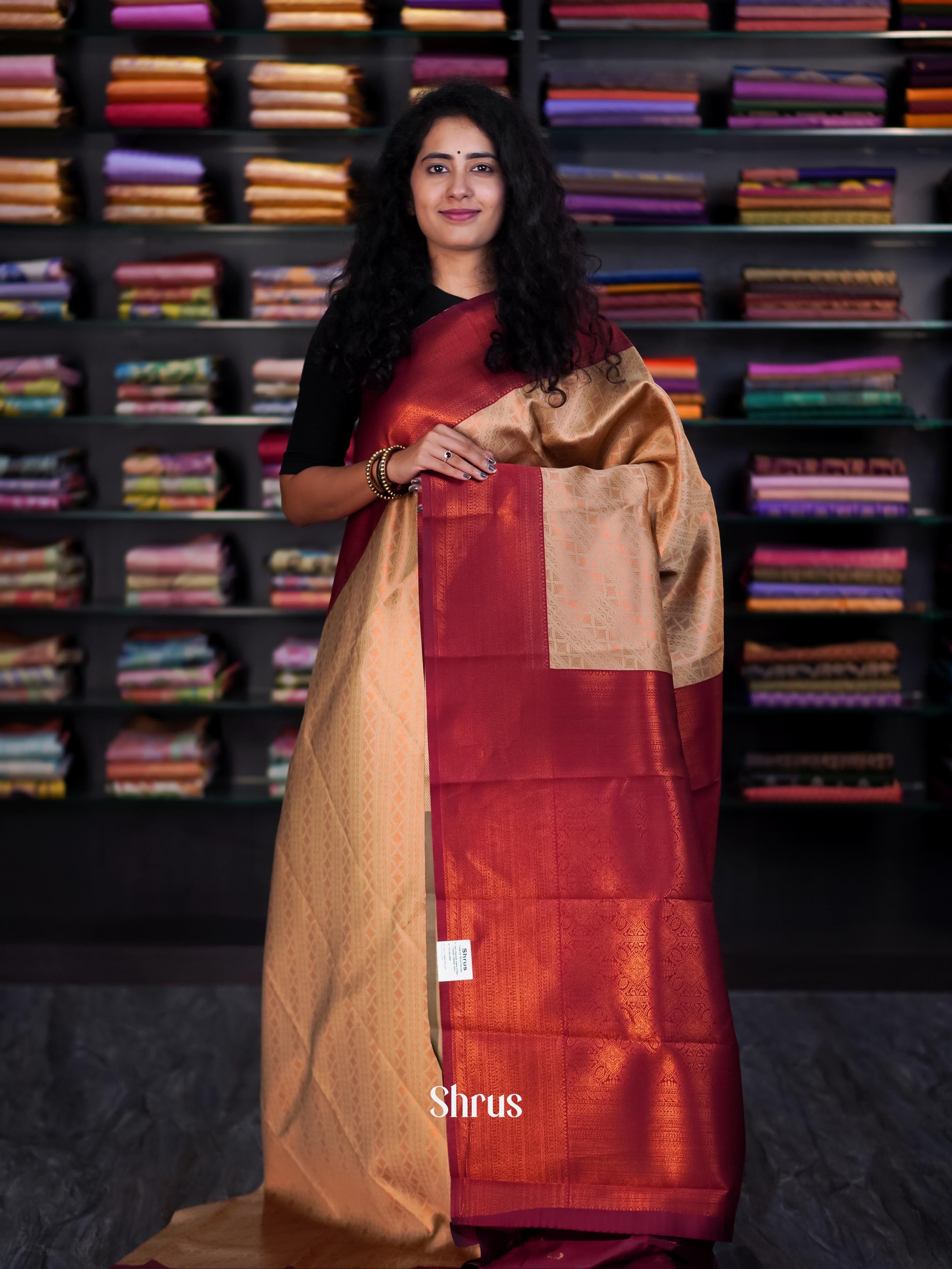 Beige & Maroon - Semi Arani Silk Saree - Shop on ShrusEternity.com