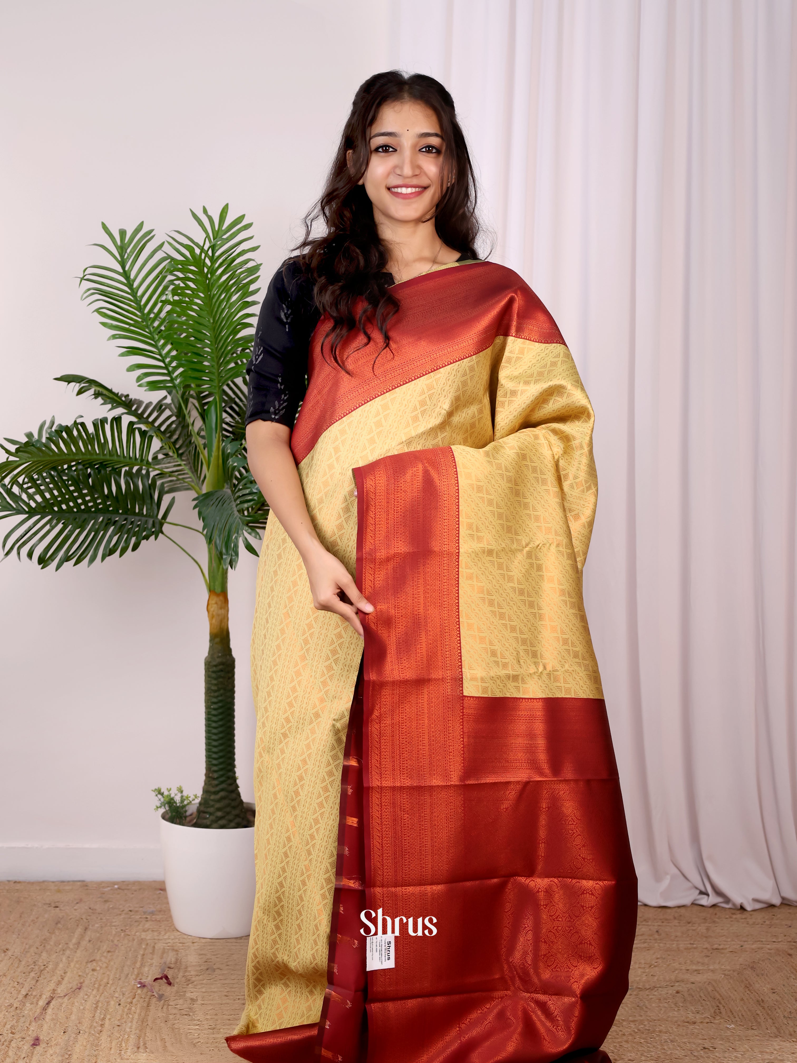 Lime Green & Maroon - Semi Arani Silk Saree - Shop on ShrusEternity.com