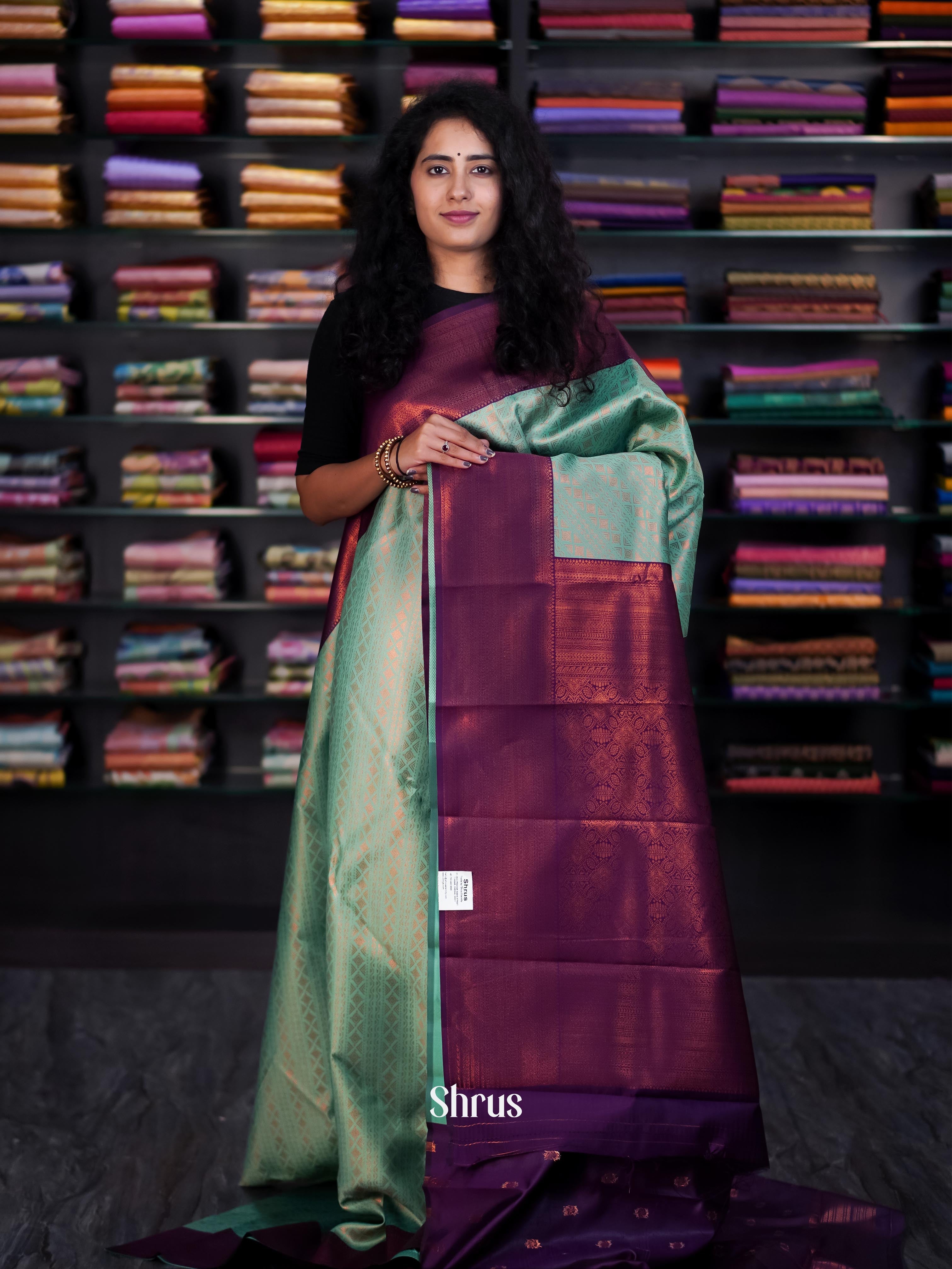 Pastel Green & Purple - Semi Arani Silk Saree - Shop on ShrusEternity.com