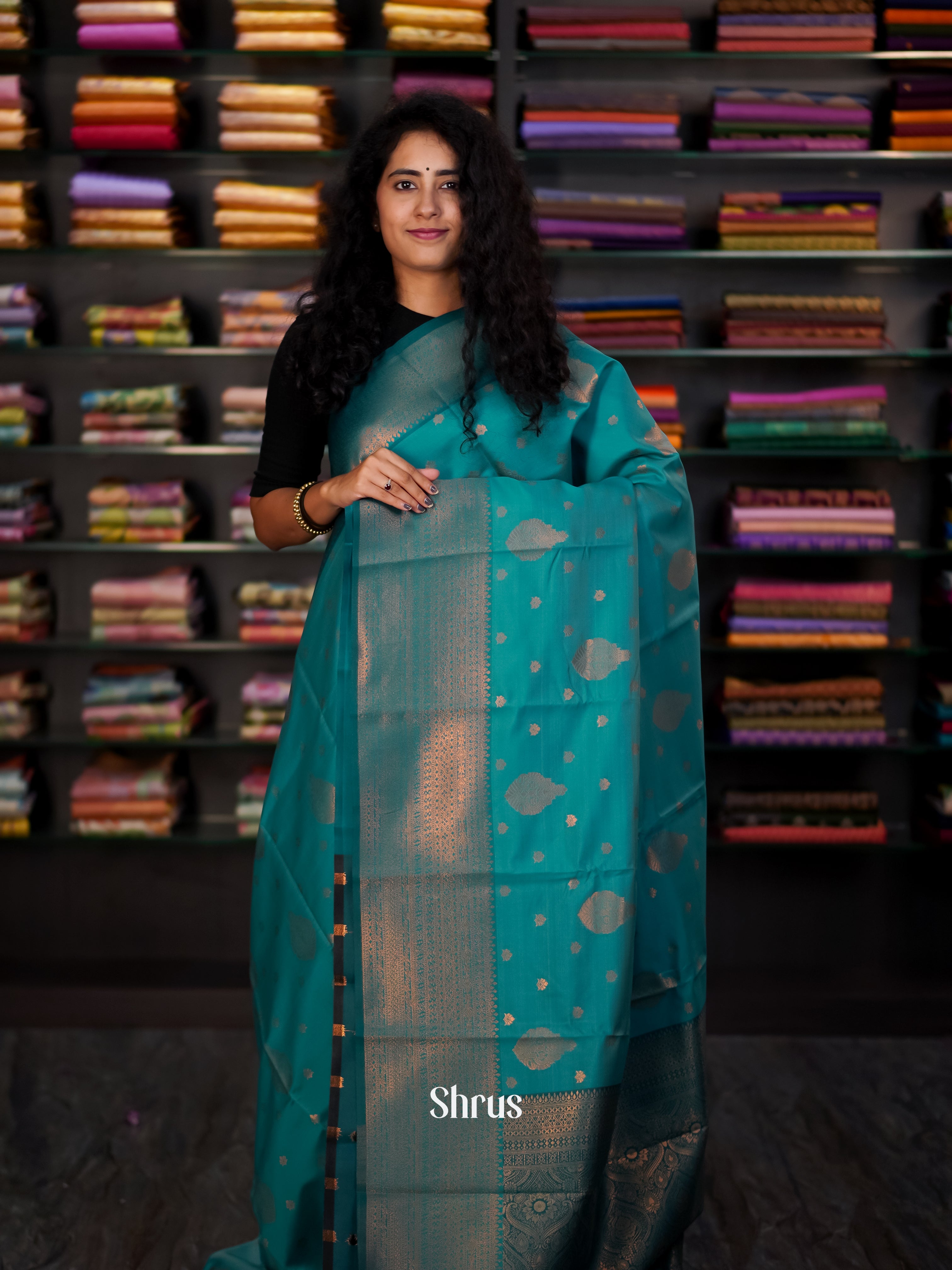 Teal - Semi Arani Silk Saree - Shop on ShrusEternity.com