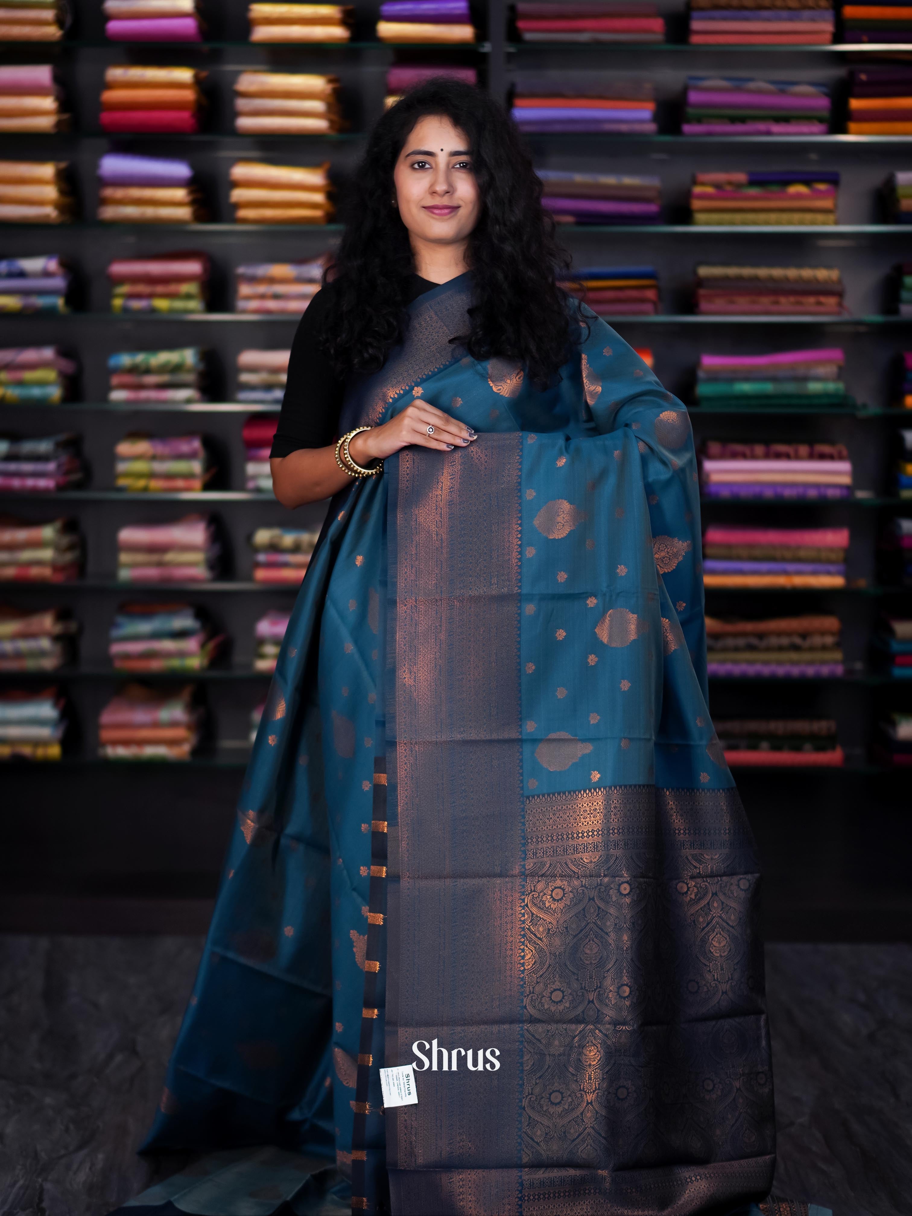 Blue - Semi Arani Silk Saree - Shop on ShrusEternity.com