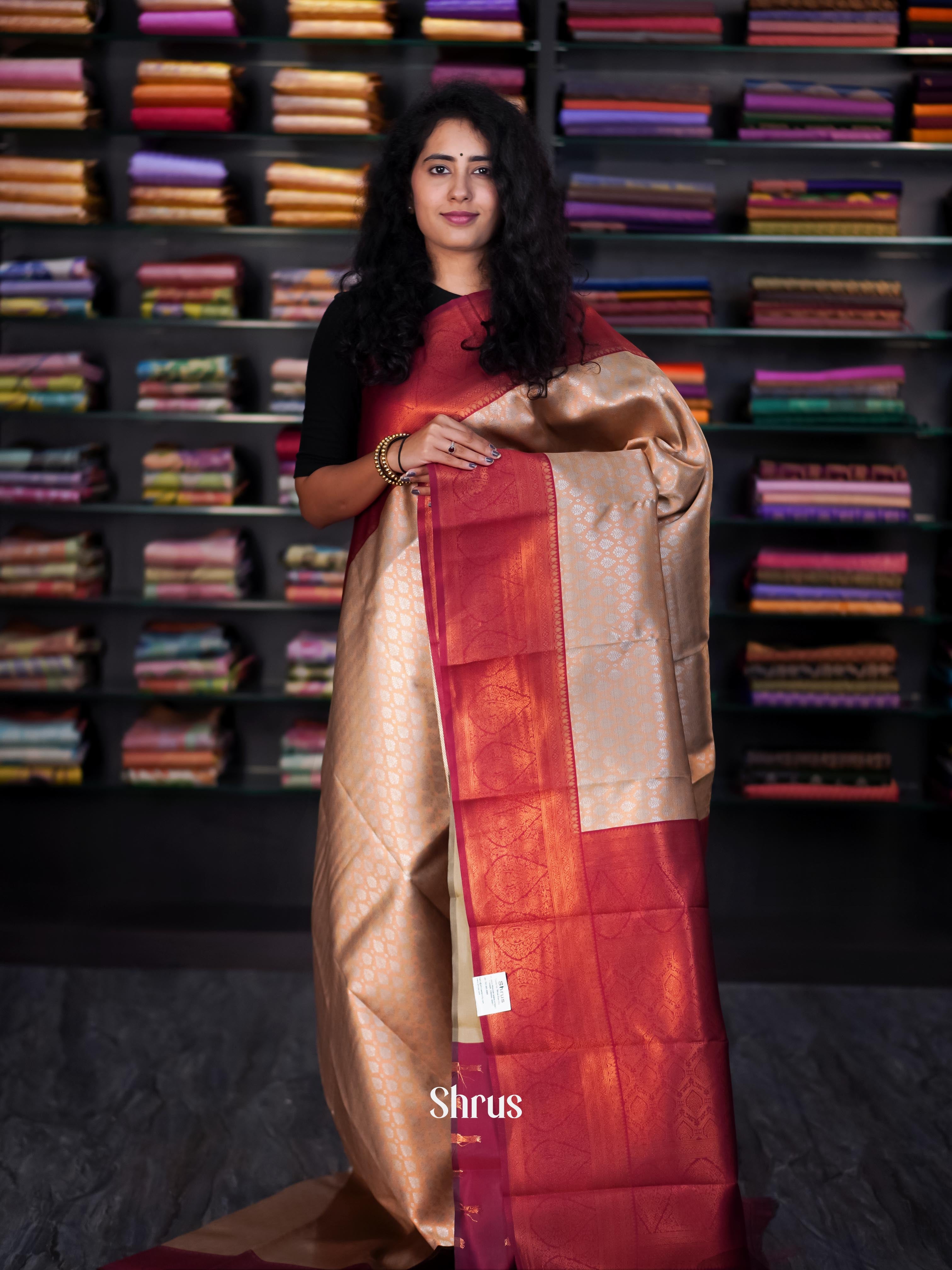 Peach & Maroon - Semi Arani Silk Saree - Shop on ShrusEternity.com