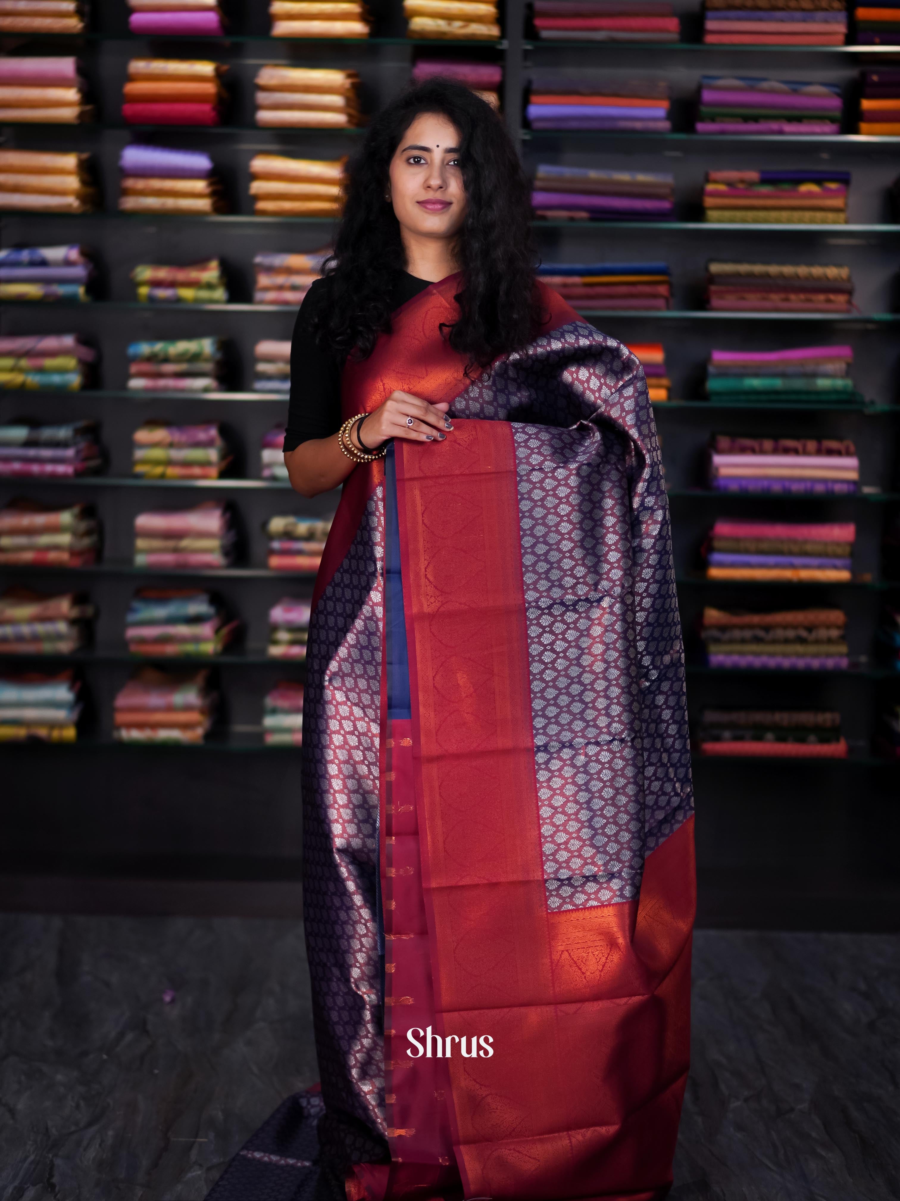 Blue & Maroon - Semi Arani Silk Saree - Shop on ShrusEternity.com