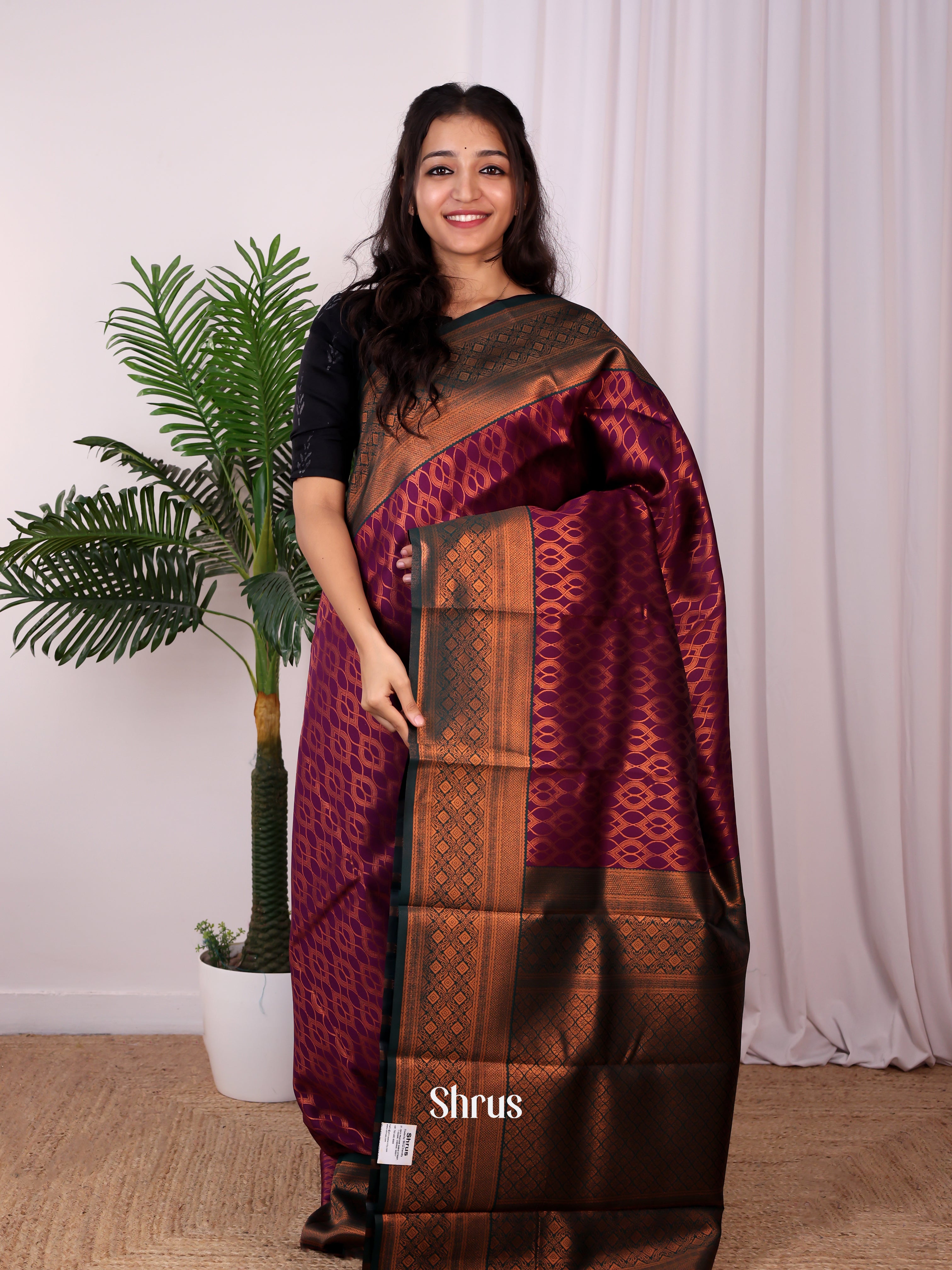 Dark Purple & Green - Semi Arani Silk Saree - Shop on ShrusEternity.com