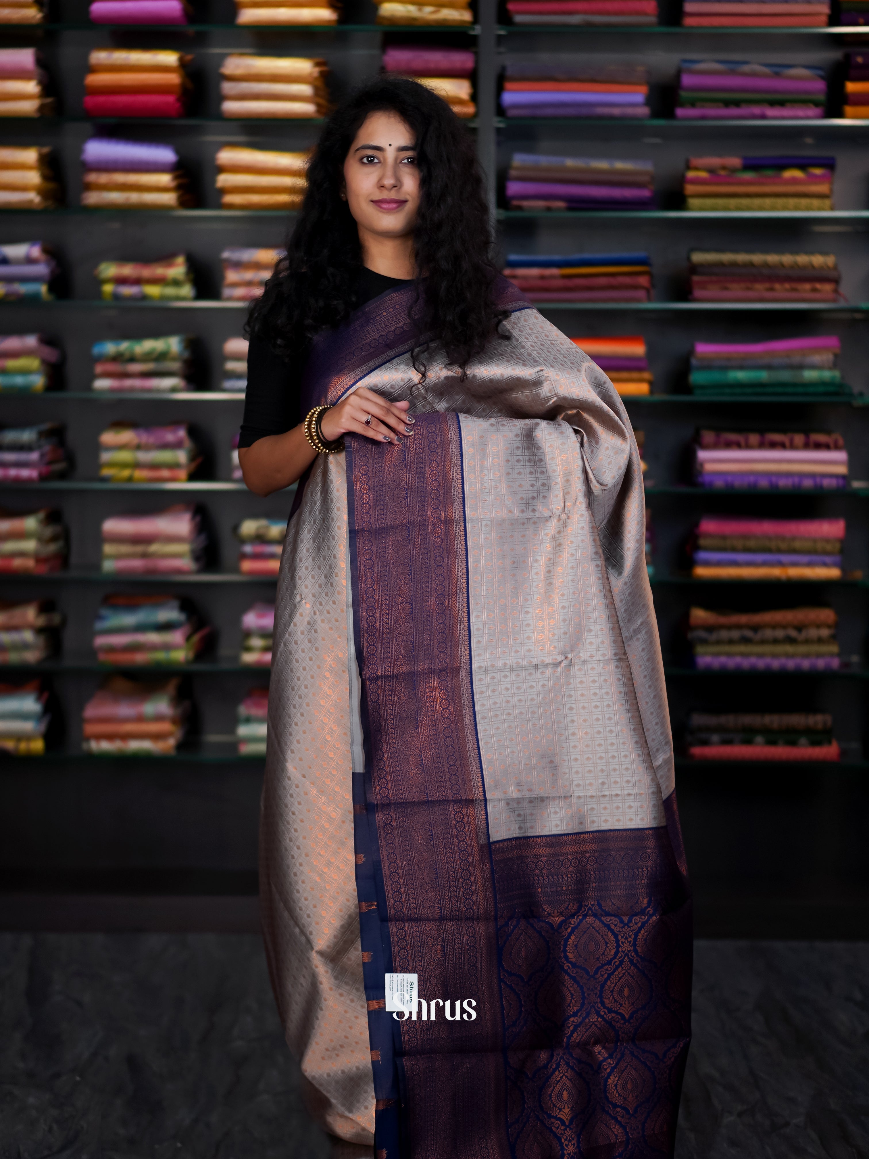 Grey & Blue - Semi Arani Silk Saree - Shop on ShrusEternity.com