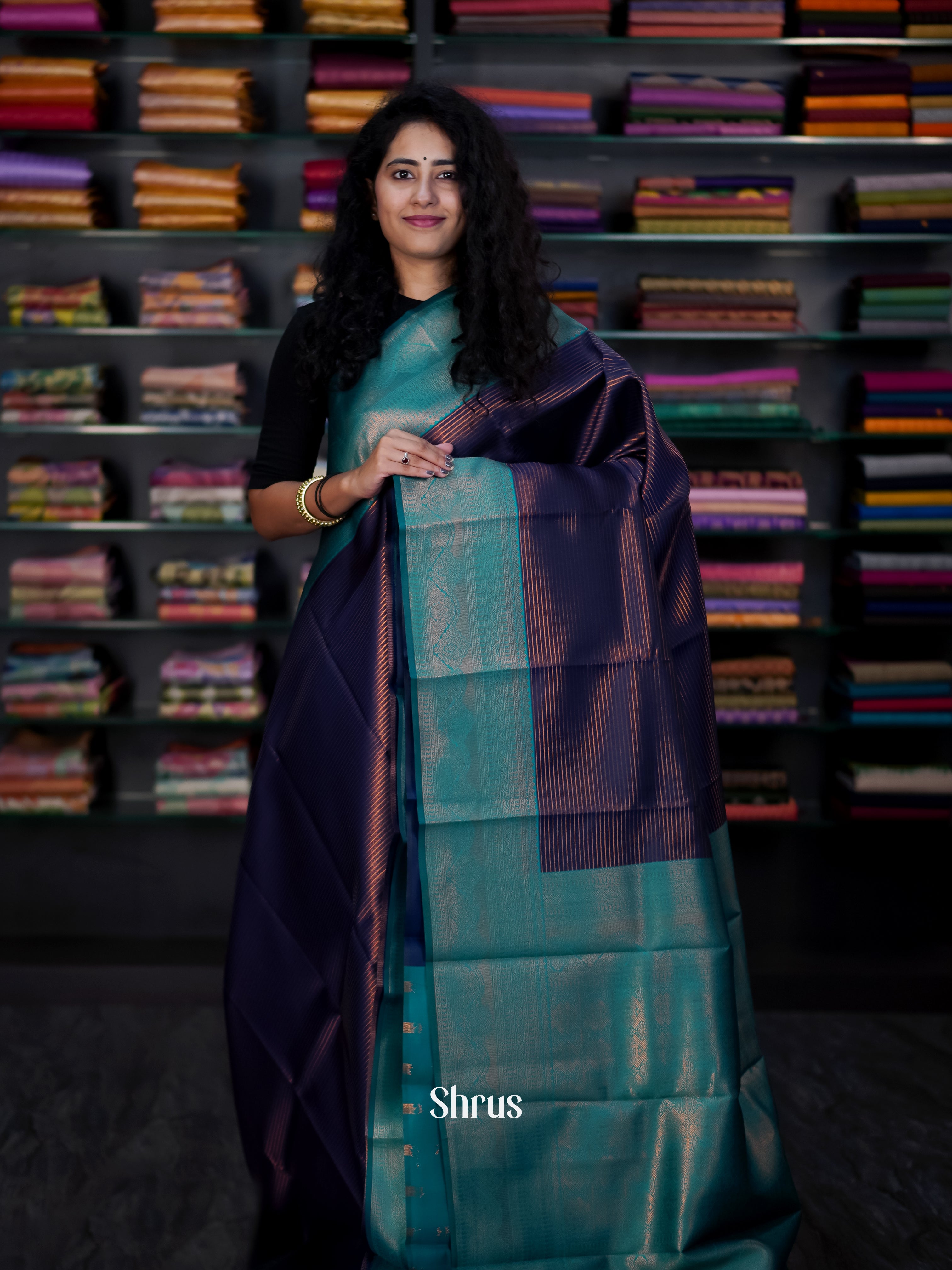 Blue & Teal - Semi Arani Silk Saree - Shop on ShrusEternity.com