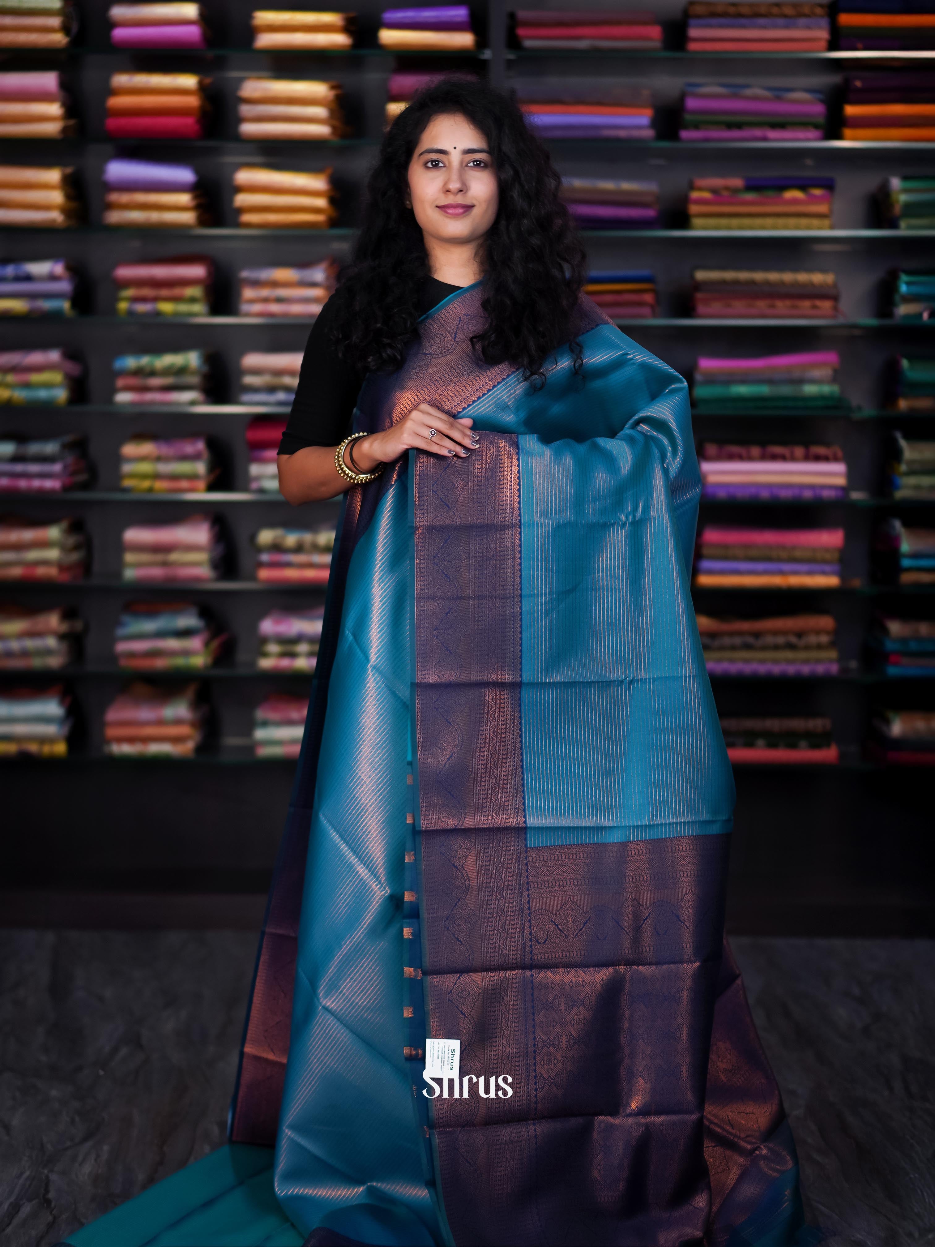 Teal & Blue - Semi Arani Silk Saree - Shop on ShrusEternity.com