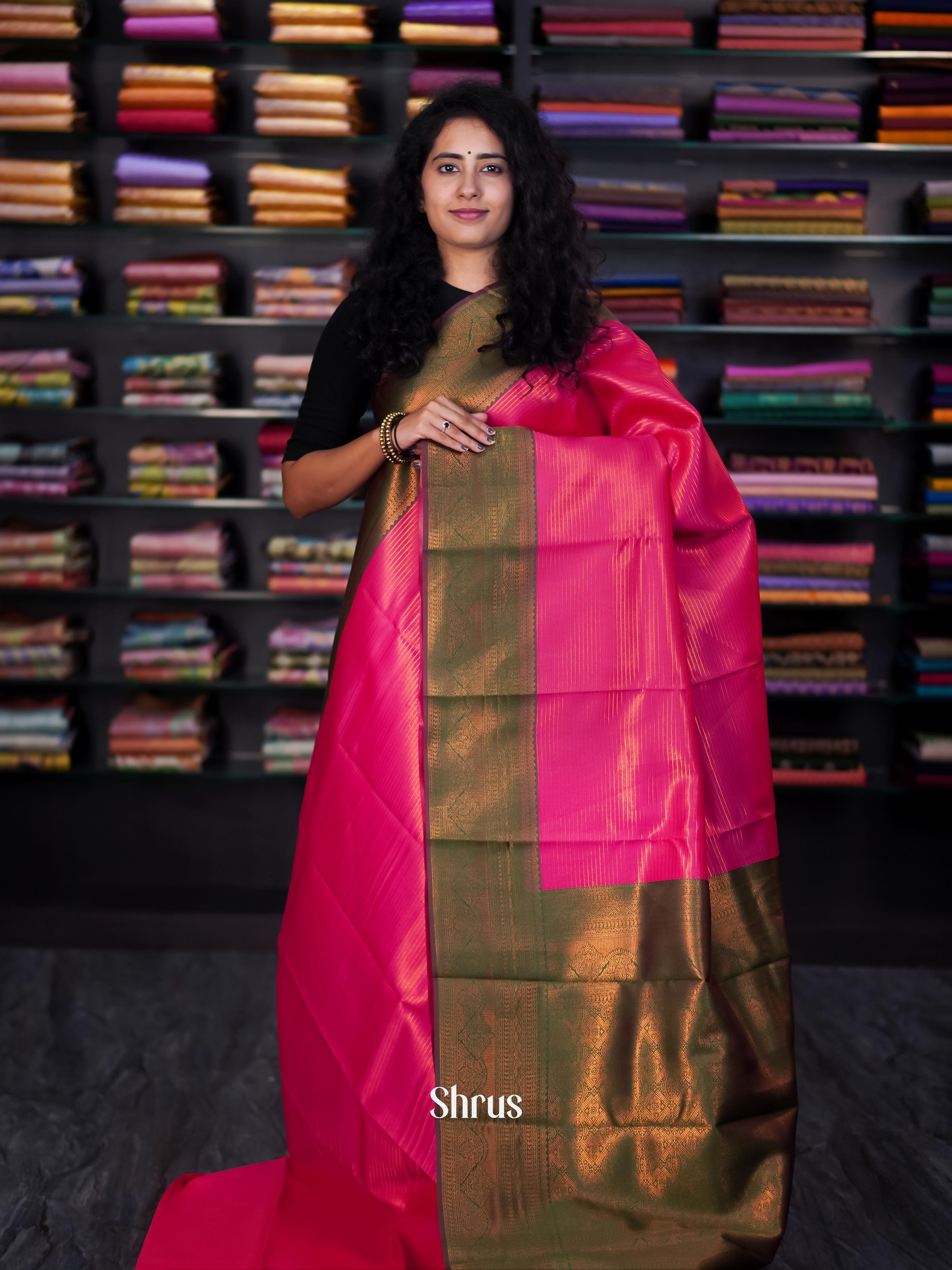 Pink & Green - Semi Arani Silk Saree - Shop on ShrusEternity.com