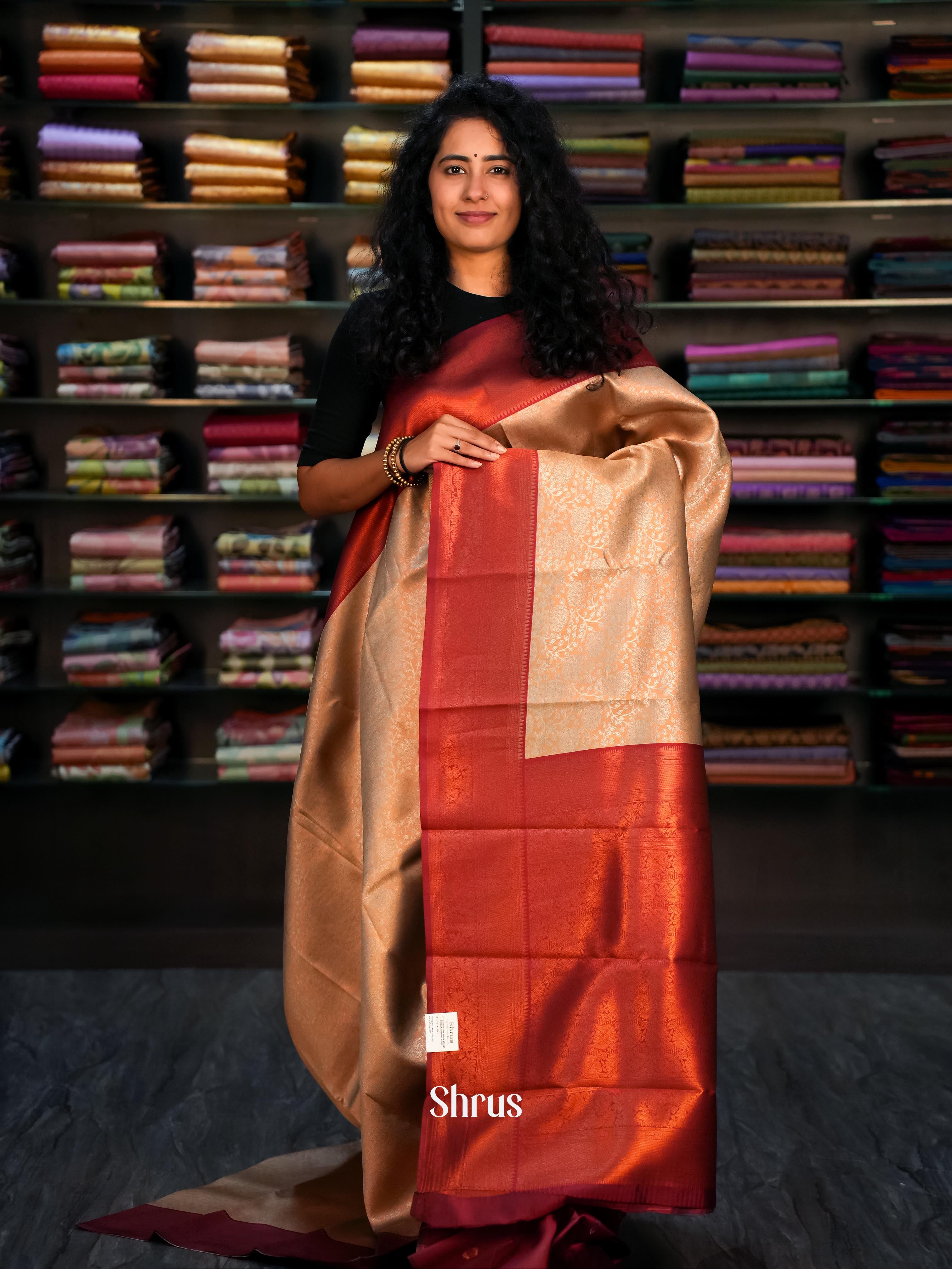 Peach & Red- Semi Arani Silk Saree - Shop on ShrusEternity.com