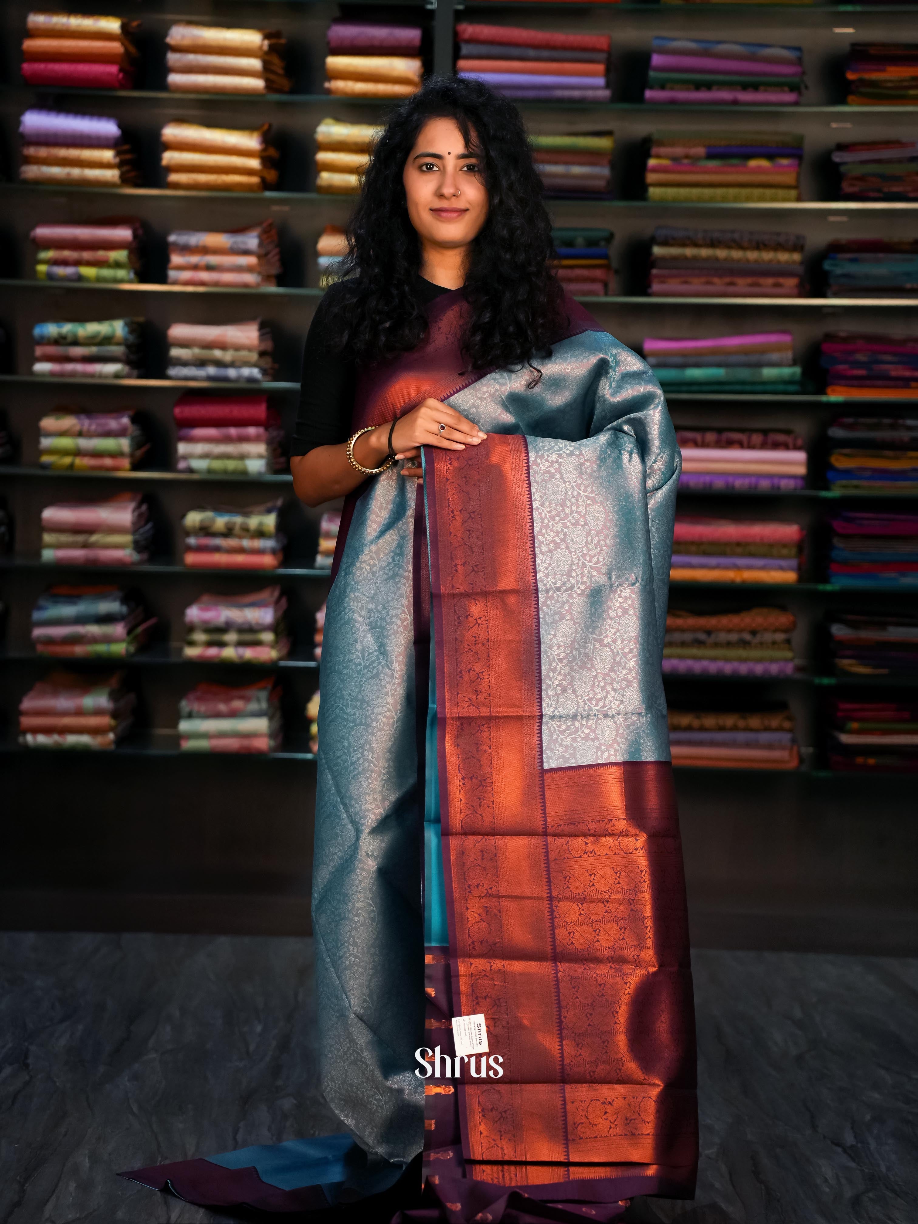 Blue & Purple - Semi Arani Silk Saree - Shop on ShrusEternity.com
