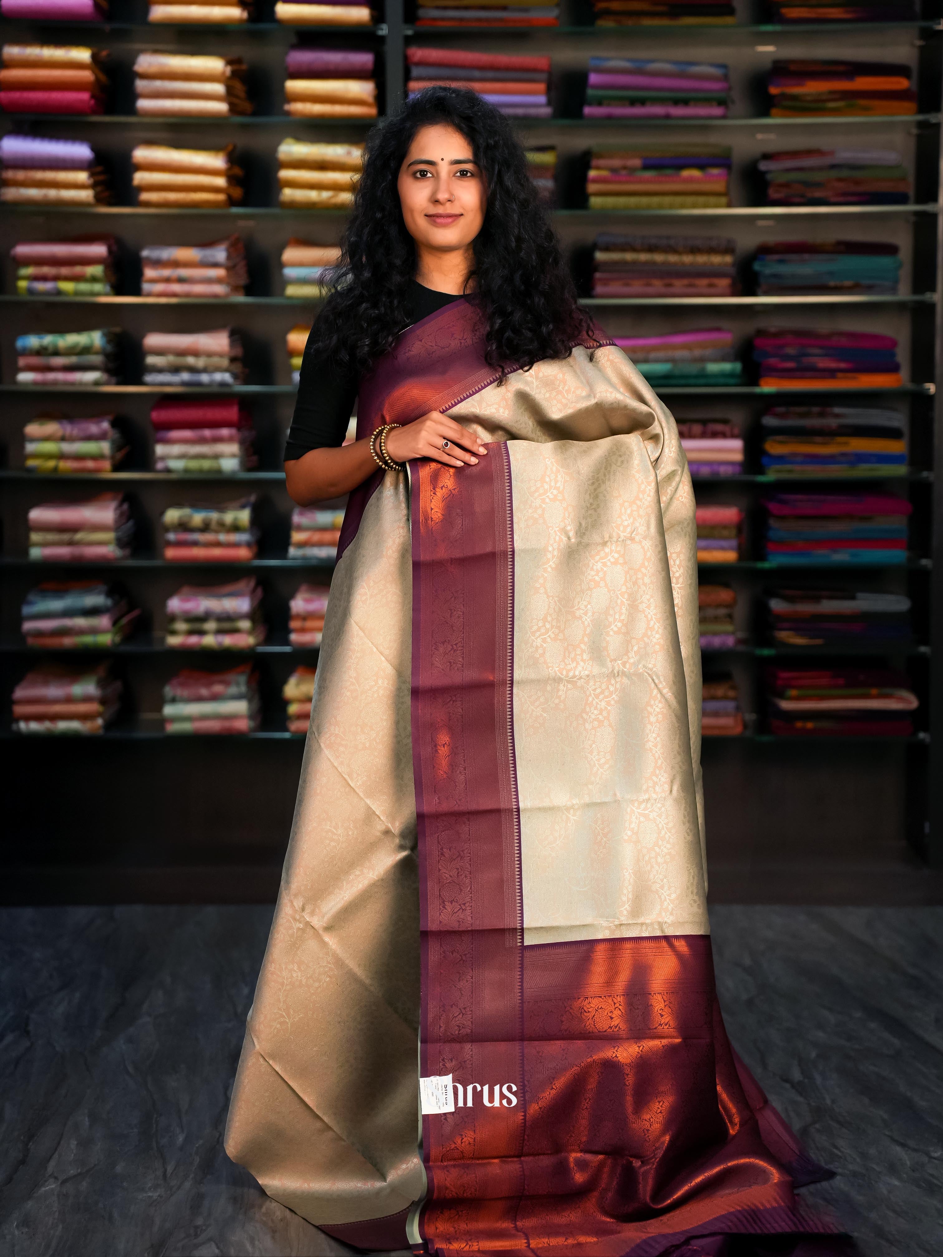 Cream & Purple - Semi Arani Silk Saree - Shop on ShrusEternity.com