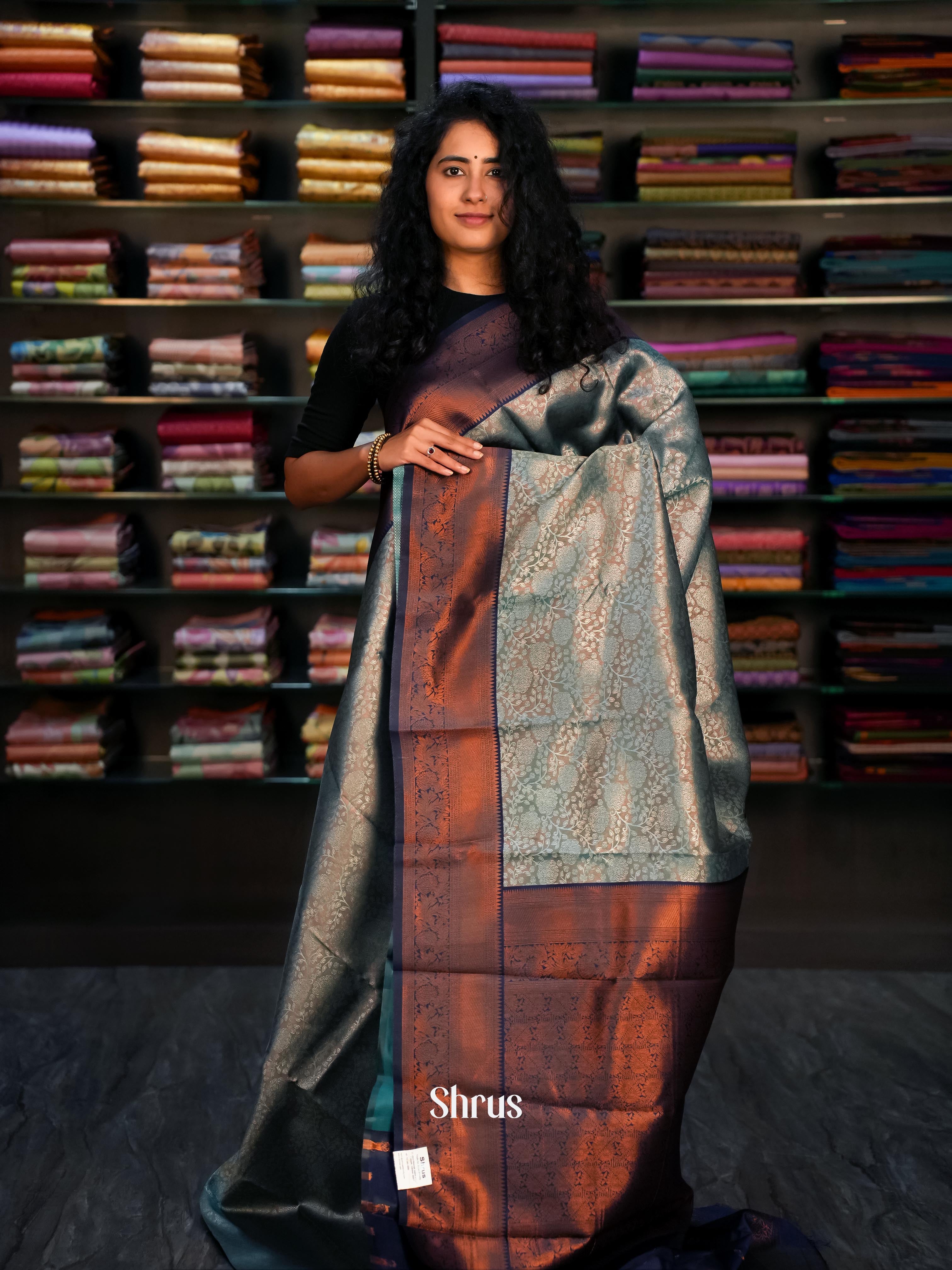 Grey & Blue - Semi Arani Silk Saree - Shop on ShrusEternity.com