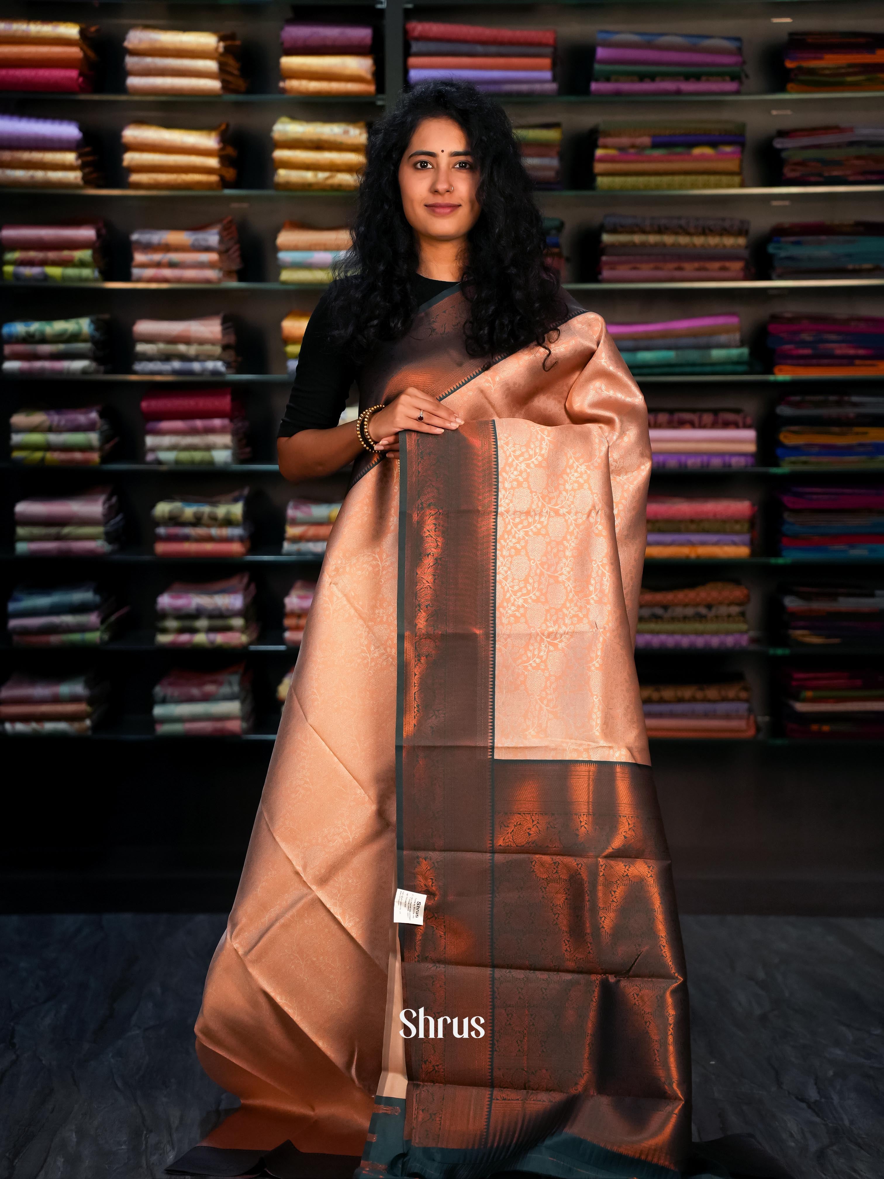 Peach & Green - Semi Arani Silk Saree - Shop on ShrusEternity.com