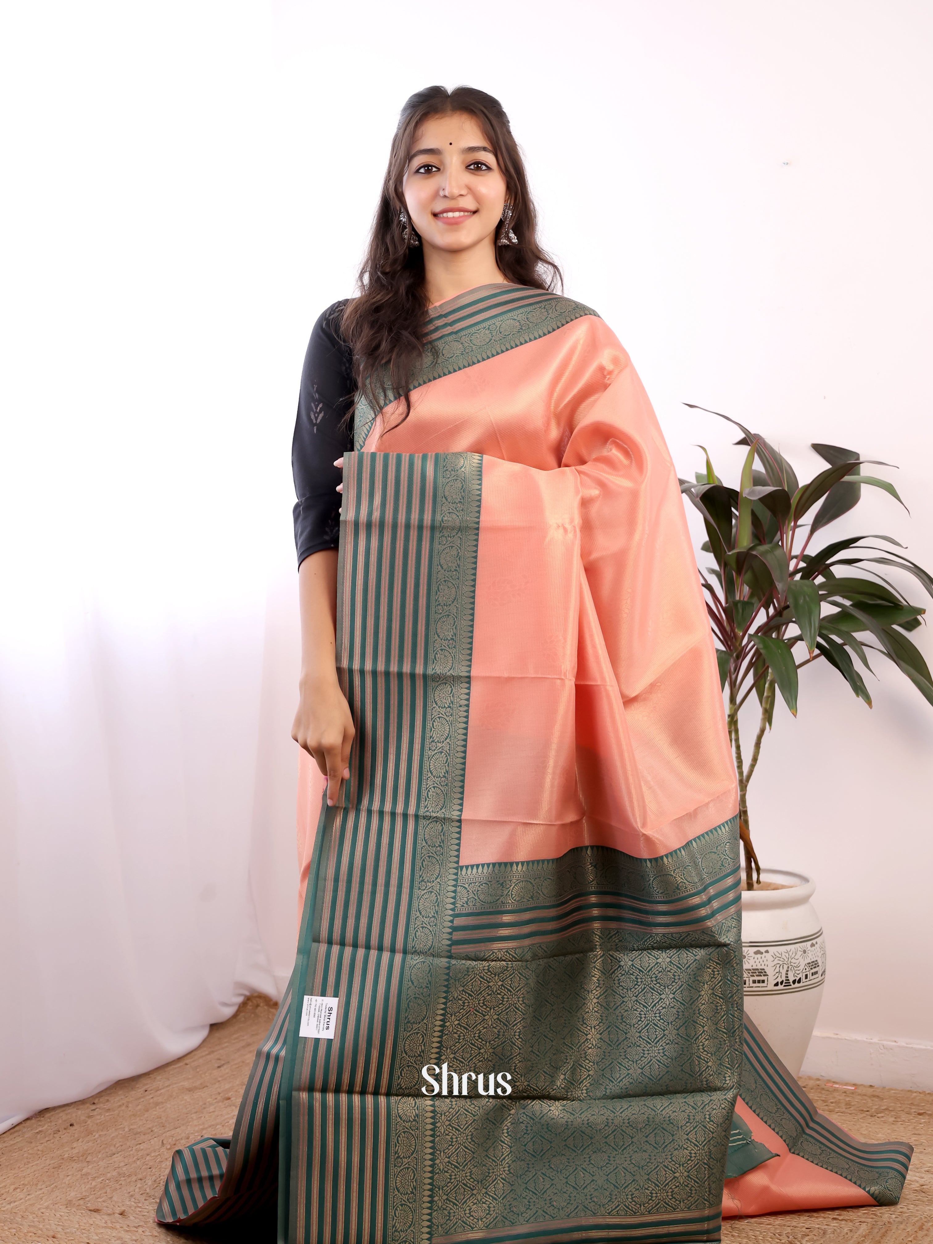 Peachish Pink & Green - Semi Arani Silk Saree - Shop on ShrusEternity.com