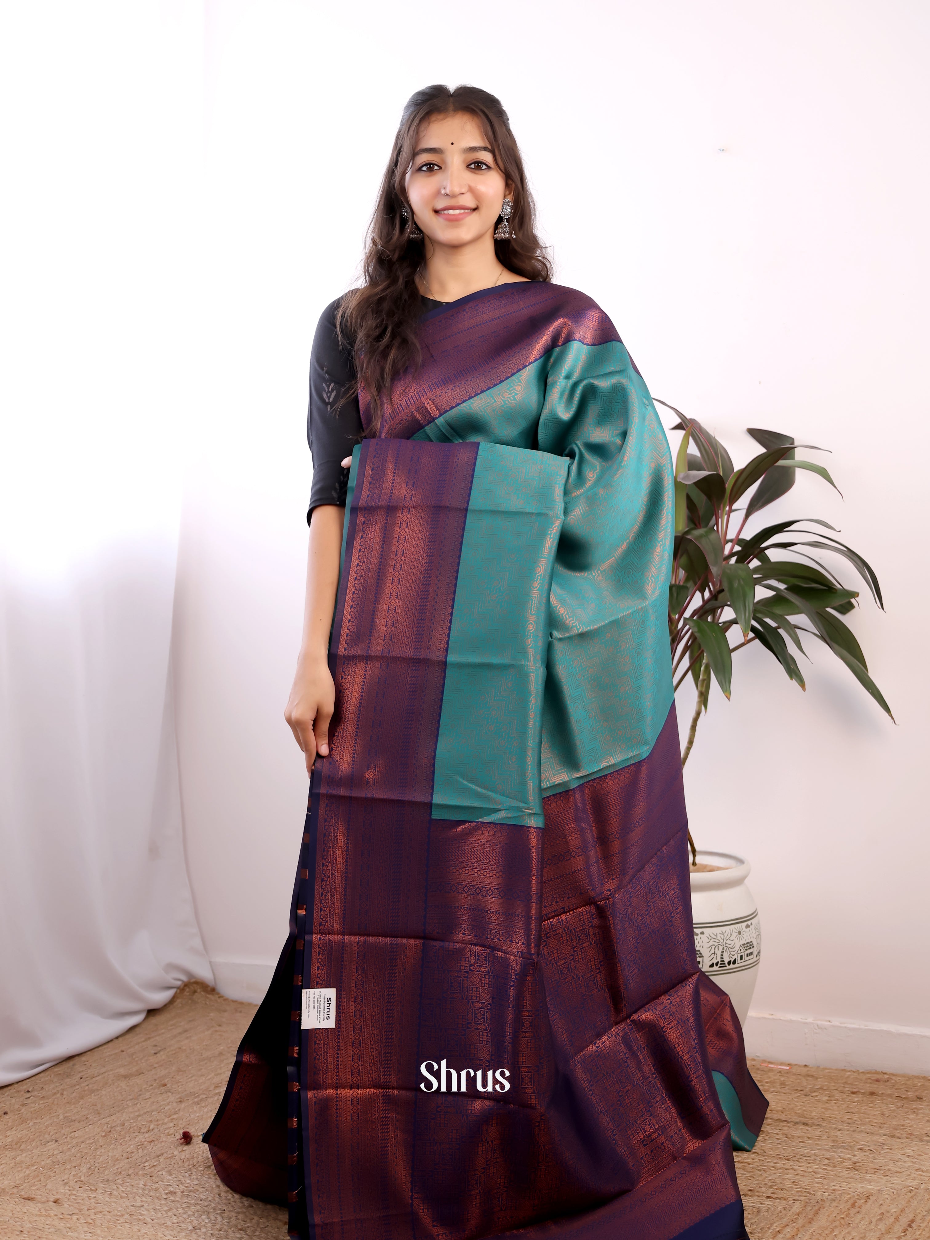 Teal & Blue - Semi Arani Silk Saree - Shop on ShrusEternity.com