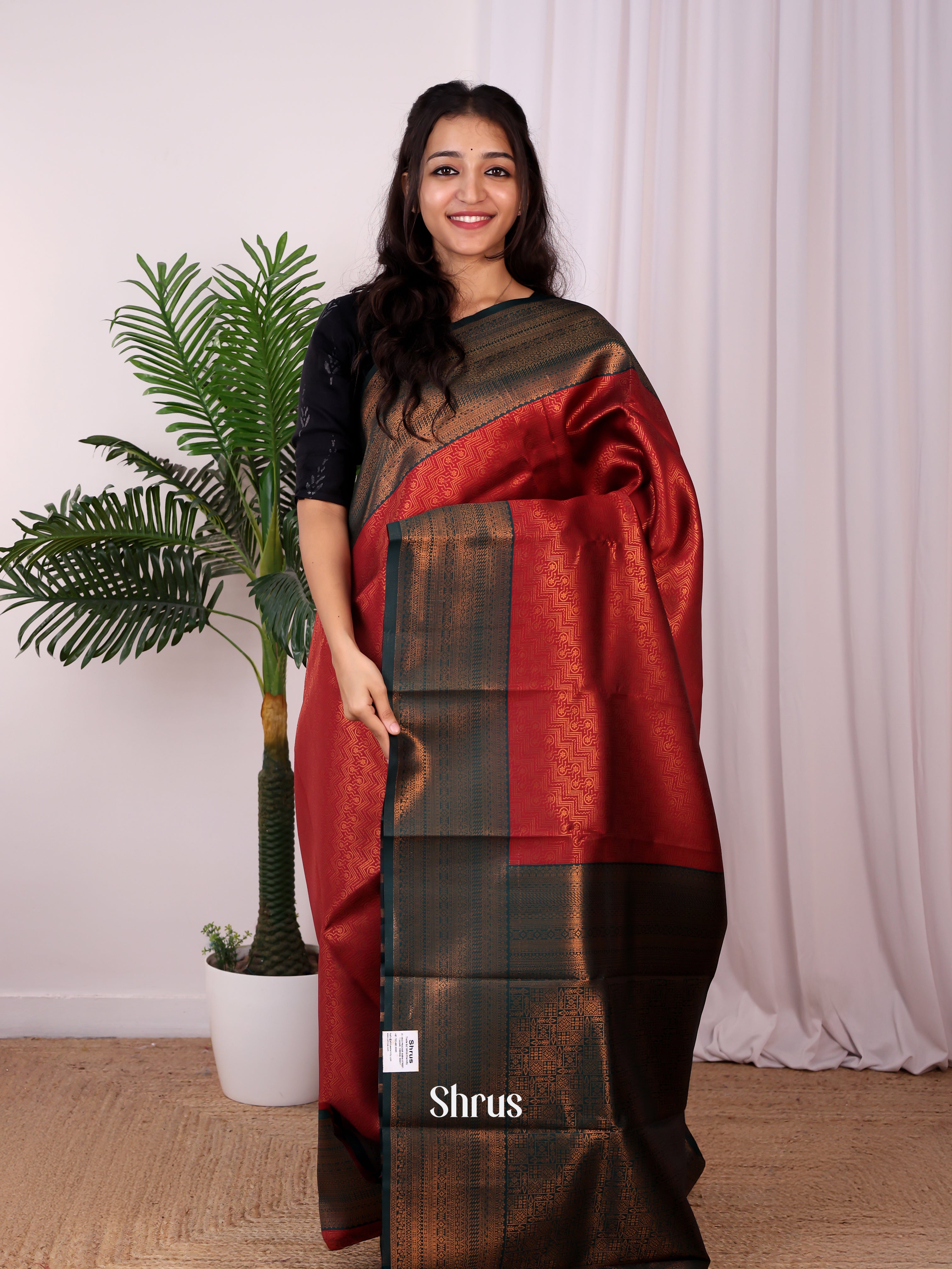 Maroon & Green - Semi Arani Silk Saree - Shop on ShrusEternity.com