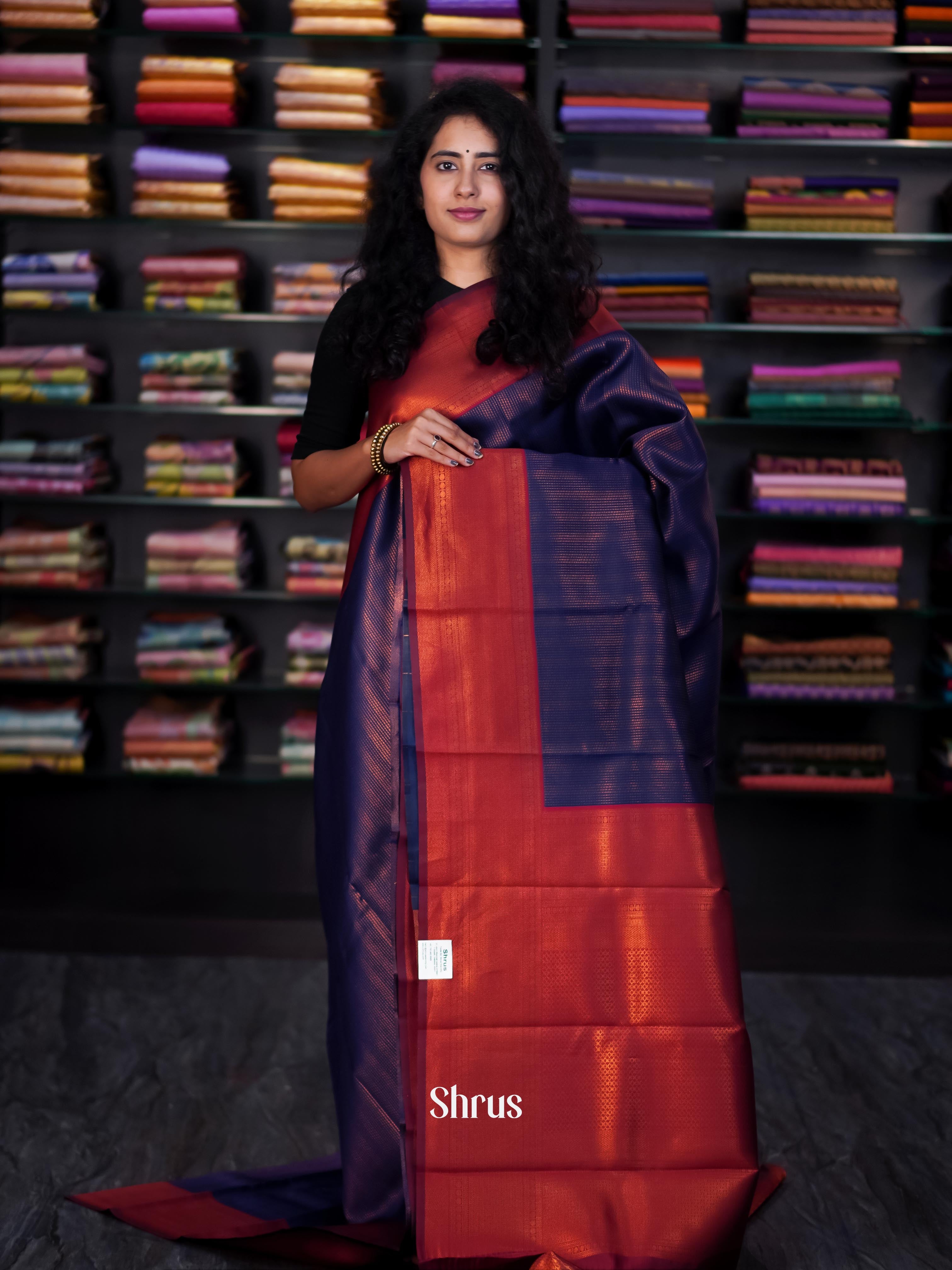 Blue & Red - Semi Arani Silk Saree - Shop on ShrusEternity.com