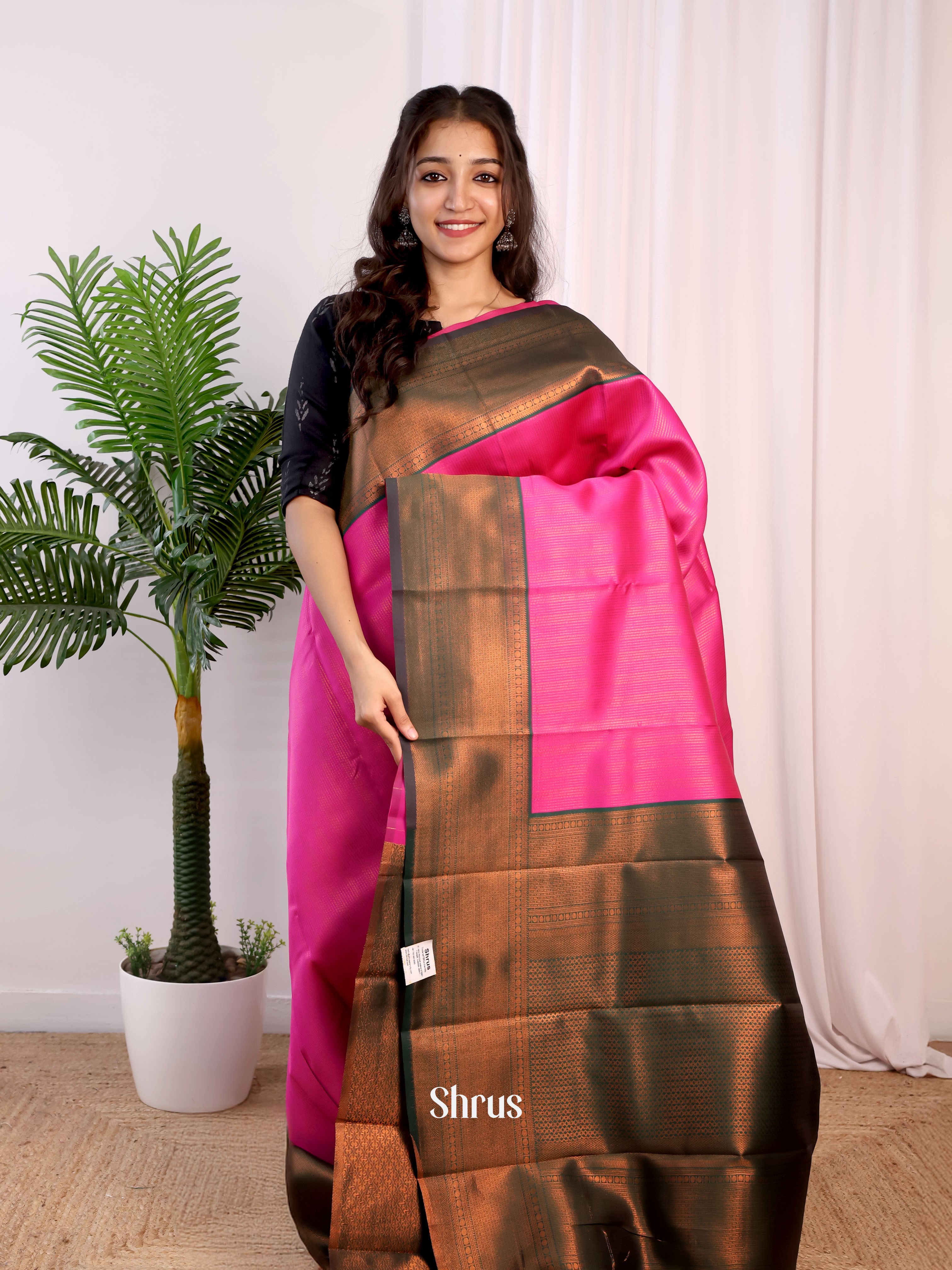 Pink & Green - Semi Arani Silk Saree - Shop on ShrusEternity.com