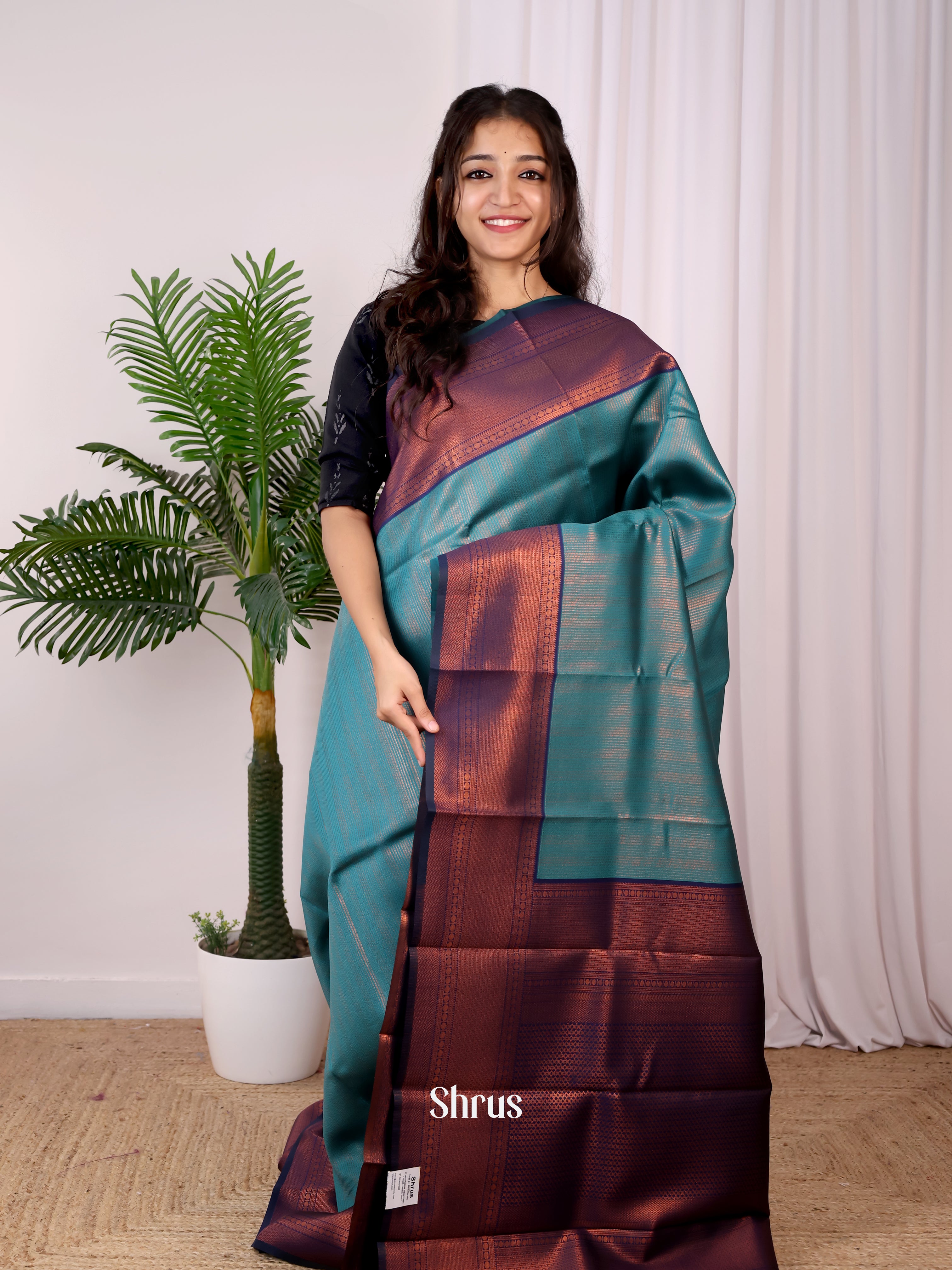 Teal & Blue- Semi Arani Silk Saree - Shop on ShrusEternity.com