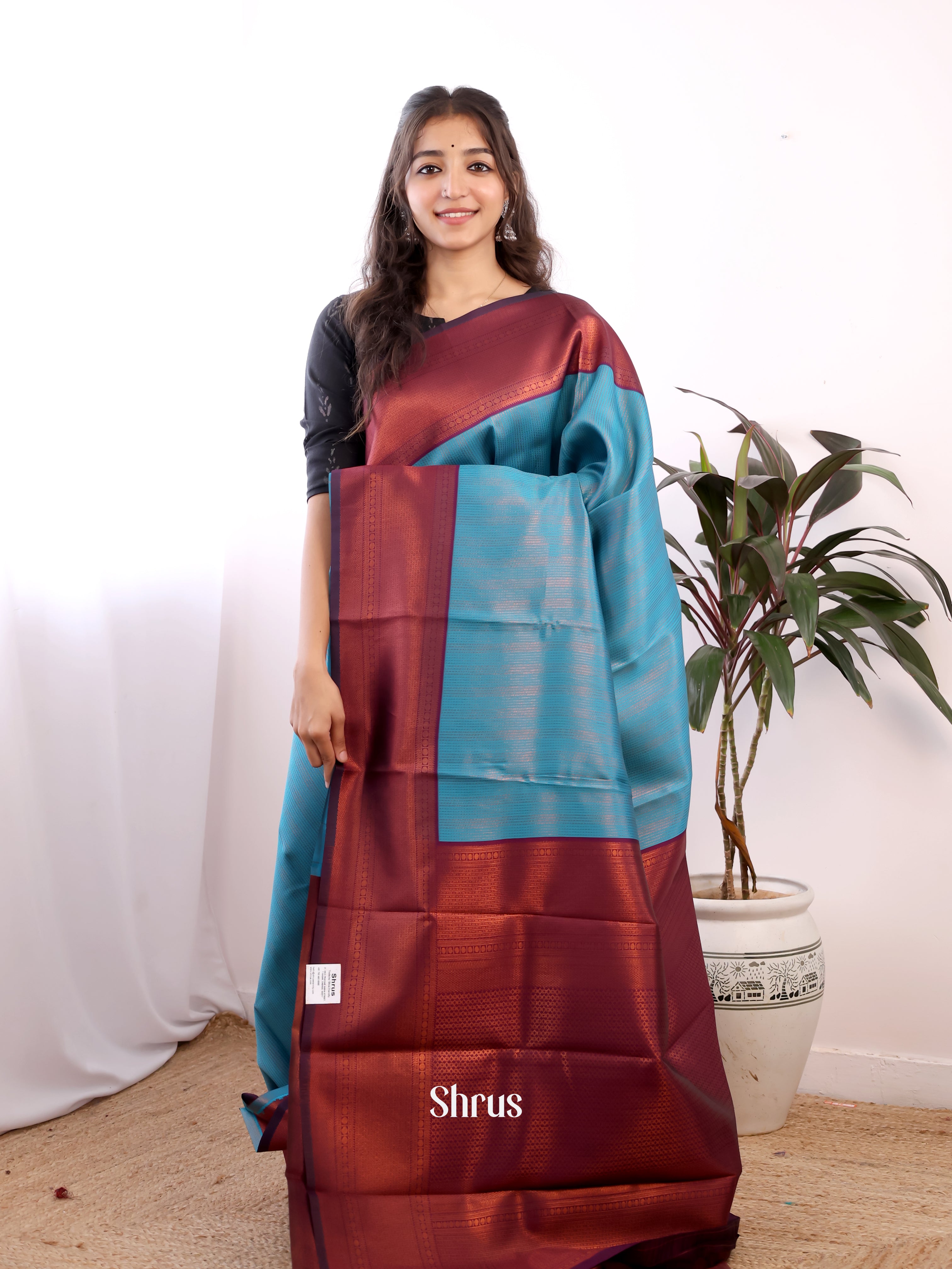 Blue & Maroon- Semi Arani Silk Saree - Shop on ShrusEternity.com